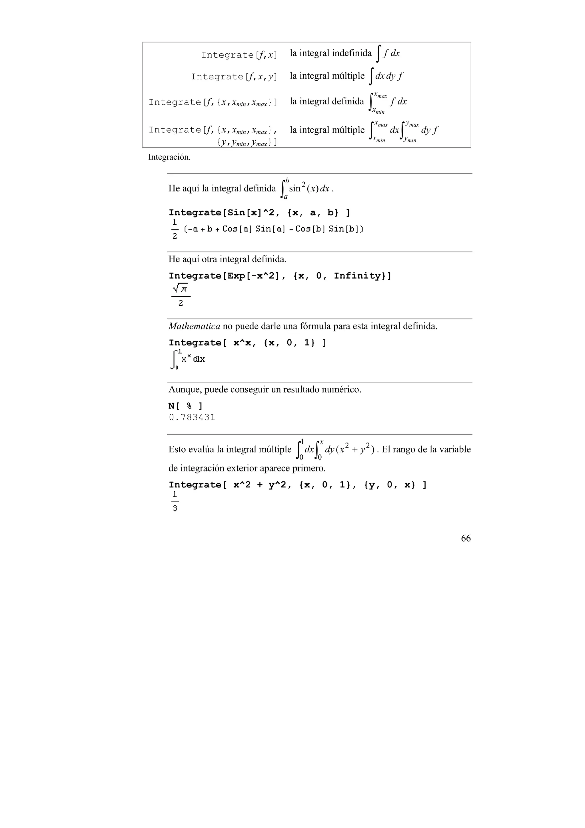 Integrate[f,x]            la integral indefinida        ∫ f dx
           Integrate[f,x,y]              la integral múltiple ∫ dx dy f
                                                                x
                                         la integral definida ∫
                                                                          max
Integrate[f,{x,xmin,xmax}]                                          f dx
                                                               x       min
                                                                       xmax           ymax
Integrate[f,{x,xmin,xmax},
            {y,ymin,ymax}]
                                         la integral múltiple        ∫xmin
                                                                                dx   ∫y
                                                                                      min
                                                                                             dy f

Integración.

                                     b
                                    ∫a sin
                                             2
     He aquí la integral definida                ( x) dx .

     Integrate[Sin[x]^2, {x, a, b} ]



     He aquí otra integral definida.
     Integrate[Exp[-x^2], {x, 0, Infinity}]




     Mathematica no puede darle una fórmula para esta integral definida.
     Integrate[ x^x, {x, 0, 1} ]



     Aunque, puede conseguir un resultado numérico.
     N[ % ]
     0.783431

                                           1         x
                                          ∫0 ∫0 dy ( x
                                                             2
     Esto evalúa la integral múltiple          dx                + y 2 ) . El rango de la variable
     de integración exterior aparece primero.
     Integrate[ x^2 + y^2, {x, 0, 1}, {y, 0, x} ]




                                                                                                    66
 