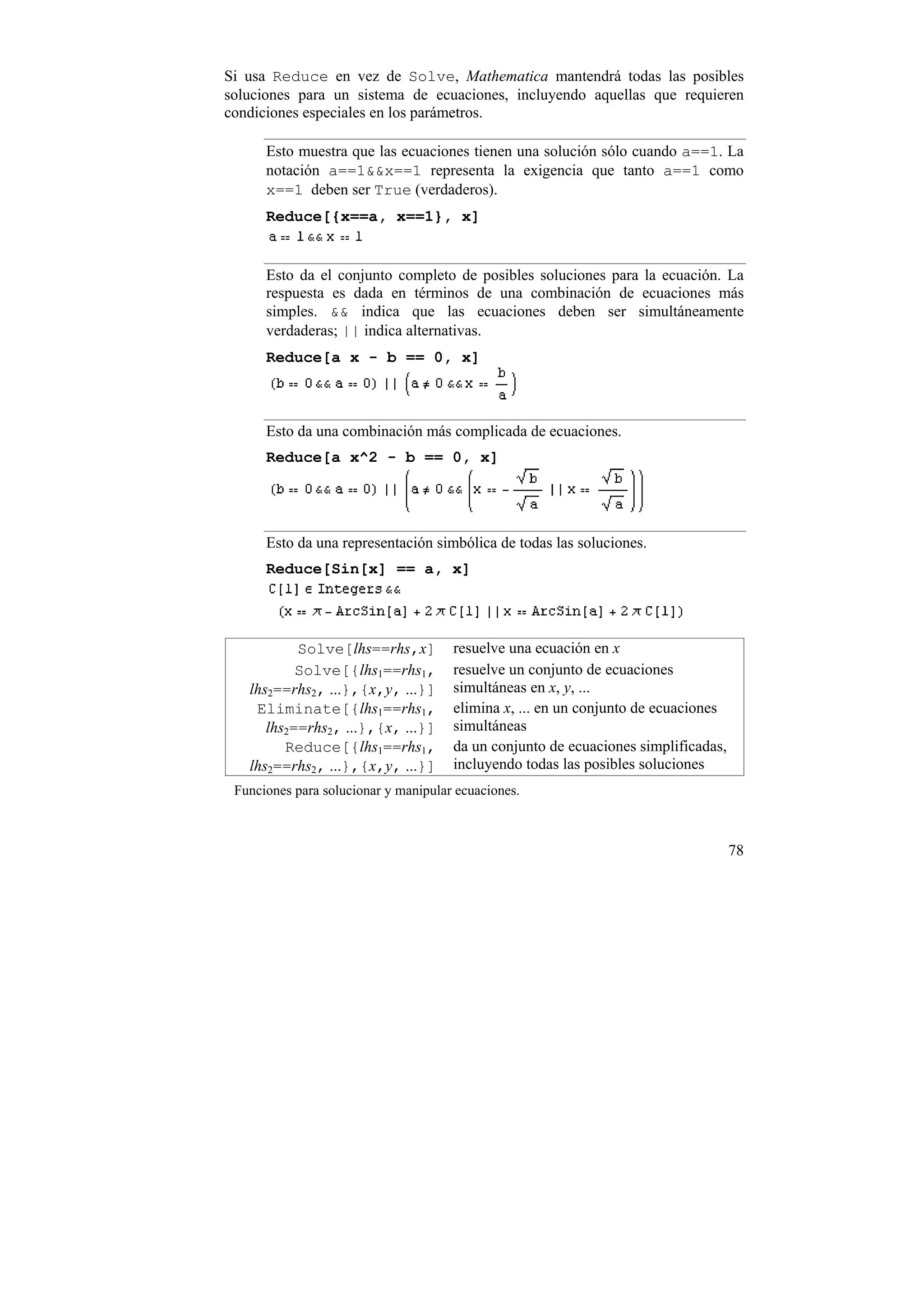 Si usa Reduce en vez de Solve, Mathematica mantendrá todas las posibles
soluciones para un sistema de ecuaciones, incluyendo aquellas que requieren
condiciones especiales en los parámetros.

      Esto muestra que las ecuaciones tienen una solución sólo cuando a==1. La
      notación a==1&&x==1 representa la exigencia que tanto a==1 como
      x==1 deben ser True (verdaderos).
      Reduce[{x==a, x==1}, x]


      Esto da el conjunto completo de posibles soluciones para la ecuación. La
      respuesta es dada en términos de una combinación de ecuaciones más
      simples. && indica que las ecuaciones deben ser simultáneamente
      verdaderas; || indica alternativas.
      Reduce[a x - b == 0, x]



      Esto da una combinación más complicada de ecuaciones.
      Reduce[a x^2 - b == 0, x]




      Esto da una representación simbólica de todas las soluciones.
      Reduce[Sin[x] == a, x]




           Solve[lhs==rhs,x]          resuelve una ecuación en x
           Solve[{lhs1==rhs1,         resuelve un conjunto de ecuaciones
   lhs2==rhs2, ...},{x,y, ...}]       simultáneas en x, y, ...
    Eliminate[{lhs1==rhs1,            elimina x, ... en un conjunto de ecuaciones
      lhs2==rhs2, ...},{x, ...}]      simultáneas
         Reduce[{lhs1==rhs1,          da un conjunto de ecuaciones simplificadas,
   lhs2==rhs2, ...},{x,y, ...}]       incluyendo todas las posibles soluciones
 Funciones para solucionar y manipular ecuaciones.



                                                                                    78
 