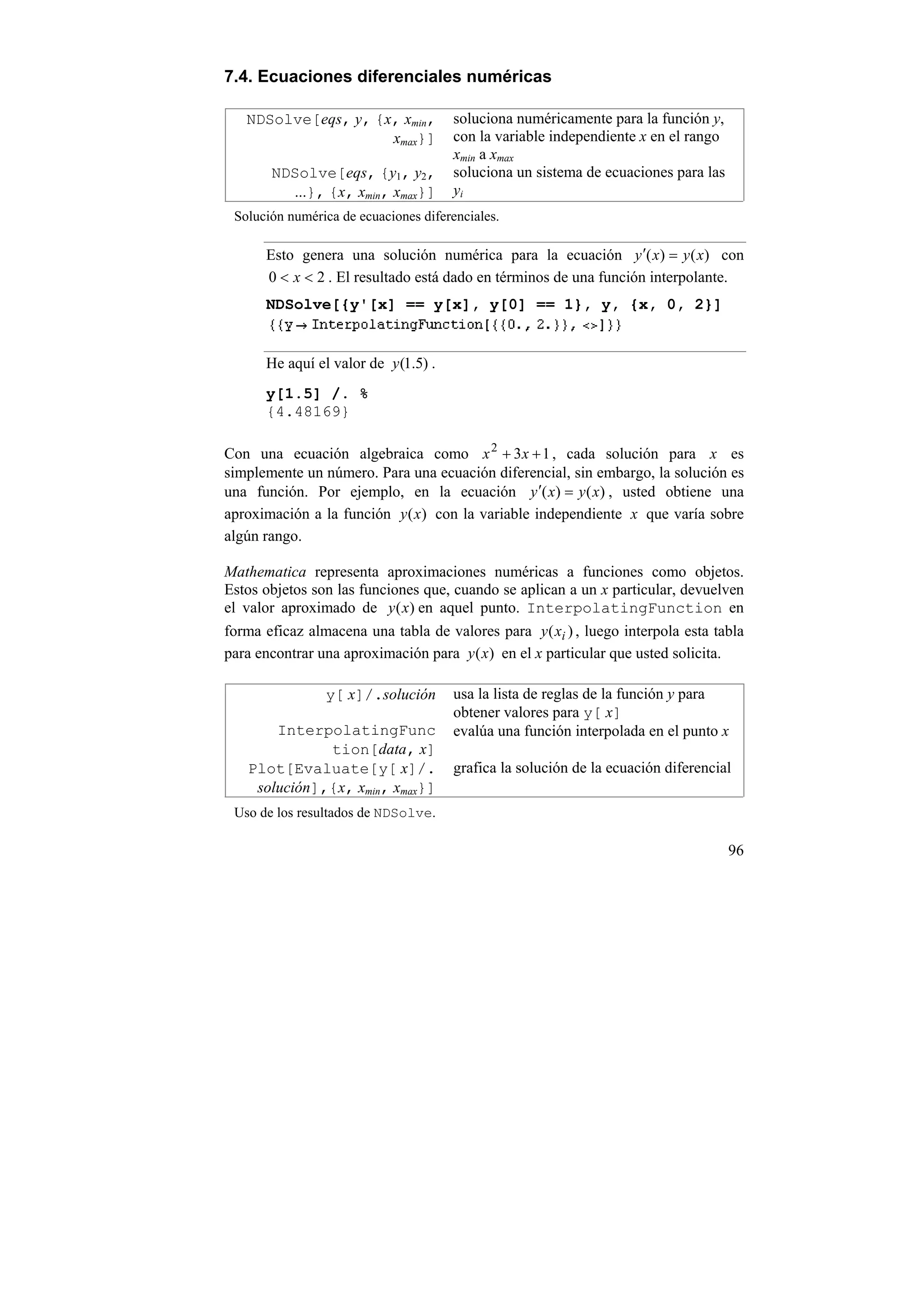 7.4. Ecuaciones diferenciales numéricas

   NDSolve[eqs, y, {x, xmin,           soluciona numéricamente para la función y,
                     xmax}]            con la variable independiente x en el rango
                                       xmin a xmax
       NDSolve[eqs, {y1, y2,           soluciona un sistema de ecuaciones para las
         ...}, {x, xmin, xmax}]        yi
 Solución numérica de ecuaciones diferenciales.

      Esto genera una solución numérica para la ecuación y ′( x) = y ( x) con
      0 < x < 2 . El resultado está dado en términos de una función interpolante.
      NDSolve[{y'[x] == y[x], y[0] == 1}, y, {x, 0, 2}]


      He aquí el valor de y (1.5) .
      y[1.5] /. %
      {4.48169}

Con una ecuación algebraica como x 2 + 3 x + 1 , cada solución para x es
simplemente un número. Para una ecuación diferencial, sin embargo, la solución es
una función. Por ejemplo, en la ecuación y ′( x) = y ( x) , usted obtiene una
aproximación a la función y (x) con la variable independiente x que varía sobre
algún rango.

Mathematica representa aproximaciones numéricas a funciones como objetos.
Estos objetos son las funciones que, cuando se aplican a un x particular, devuelven
el valor aproximado de y (x) en aquel punto. InterpolatingFunction en
forma eficaz almacena una tabla de valores para y ( xi ) , luego interpola esta tabla
para encontrar una aproximación para y (x) en el x particular que usted solicita.

                y[ x]/.solución        usa la lista de reglas de la función y para
                                       obtener valores para y[ x]
       InterpolatingFunc               evalúa una función interpolada en el punto x
              tion[data, x]
   Plot[Evaluate[y[ x]/.               grafica la solución de la ecuación diferencial
    solución],{x, xmin, xmax}]
 Uso de los resultados de NDSolve.

                                                                                     96
 
