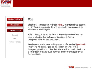 COMPORTAMENTO     Voz

  APARÊNCIA       Quanto a linguagem verbal (oral), mantenha-se atento
                  a dicção e a projeção da voz de modo que o receptor
 COMUNICAÇÃO
                  entenda a mensagem.

   Discurso       Além disso, o ritmo da fala, a entonação e ênfase na
                  interpretação das palavras, também influi na
     Voz
                  compreensão de seu discurso
Termos Técnicos
                  Lembre-se ainda que, a linguagem não verbal (gestual)
                  interfere na percepção do receptor, criando uma
                  imagem positiva ou não. Portanto, é imprescindível que
                  a interação destas duas formas de comunicação seja
                  harmoniosa.
 