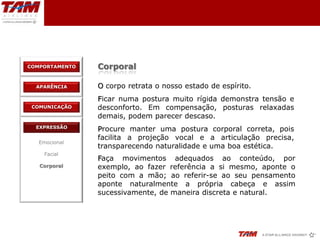COMPORTAMENTO   Corporal

  APARÊNCIA     O corpo retrata o nosso estado de espírito.
                Ficar numa postura muito rígida demonstra tensão e
 COMUNICAÇÃO    desconforto. Em compensação, posturas relaxadas
                demais, podem parecer descaso.
  EXPRESSÃO
                Procure manter uma postura corporal correta, pois
                facilita a projeção vocal e a articulação precisa,
   Emocional
                transparecendo naturalidade e uma boa estética.
    Facial
                Faça movimentos adequados ao conteúdo, por
   Corporal     exemplo, ao fazer referência a si mesmo, aponte o
                peito com a mão; ao referir-se ao seu pensamento
                aponte naturalmente a própria cabeça e assim
                sucessivamente, de maneira discreta e natural.
 