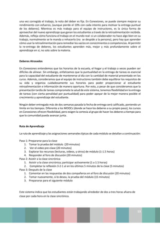 13
una vez corregido el trabajo, la nota del deber es fija. En Conexiones, se puede siempre mejorar su
rendimiento con esfuerzo, (aunque pierde el 10% con cada intento para motivar la entrega puntual
de los deberes). Mientras es más trabajo para el equipo de instructores, es la única forma de
aprovechar del nuevo aprendizaje que ganan los estudiantes a través de la retroalimentación recibida.
Además, refleja cómo funciona el trabajo en el mundo real: si un colaborador no hace algo bien en su
trabajo, normalmente se le manda a rehacerlo (no se despide a la persona), pero hay que aprender
cómo usar la retroalimentación para remediar los vacíos en conocimientos o competencias. Al permitir
la re-entrega de deberes, los estudiantes aprenden más, mejor y más profundamente sobre el
aprendizaje en sí, no solo sobre la materia.
Deberes Atrasados
En Conexiones entendemos que los horarios de la escuela, el hogar y el trabajo a veces pueden ser
difíciles de alinear. Sin embargo, enfatizamos que la puntualidad en la entrega de tareas es esencial
para la capacidad del estudiante de mantenerse al día con la cantidad de material presentado en los
curso. Además, consideramos que el equipo de instructores también debe equilibrar los requisitos de
su vida y organiza cuidadosamente sus horarios para poder proporcionar al estudiante
retroalimentación e información de manera oportuna. Por esto, a pesar de que consideramos que la
presentación tardía de tareas compromete la salud de este sistema, tenemos flexibilidad en la entrega
de tareas (con cierta penalidad por puntualidad) para poder apoyar de la mejor manera posible el
crecimiento y aprendizaje del estudiante.
Ningún deber entregado más de dos semanas pasada la fecha de entrega será calificado, poniendo un
límite en los tiempos. Diferente a los MOOCs (donde se hace los deberes a su propio paso), los cursos
en Conexiones ofrecen flexibilidad, pero exigen la cortesía al grupo de hacer los deberes a tiempo para
que la comunidad pueda avanzar junta.
Ruta de Aprendizaje
La ruta de aprendizaje y las asignaciones semanales típicas de cada módulo se detallan a continuación:
Paso 1: Prepararse para la clase
1. Tomar la prueba del módulo (20 minutos)
2. Ver el video pre-clase (20 minutos)
3. Explorar los recursos (lecturas, videos, y otros) de módulo (1-1.5 horas)
4. Responder al foro de discusión (20 minutos)
Paso 2: Asistir a la clase sincrónica
1. Asistir a la clase sincrónica; participar activamente (1 a 1.5 horas)
2. Completar la reflexión 3-2-1 al en los últimos 5 minutos de la clase (5 minutos)
Paso 3: Después de la clase
1. Comentar en las respuestas de dos compañeros en el foro de discusión (20 minutos)
2. Tomar nuevamente, si lo desea, la prueba del módulo (15 minutos)
3. Prepararse para el siguiente módulo
Este sistema indica que los estudiantes están trabajando alrededor de dos a tres horas afuera de
clase por cada hora en la clase sincrónica.
 