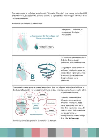 19
Esta presentación se realizó en la Conferencia “Reimagine Education” en el mes de noviembre 2018
en San Francisco, Estados Unidos. Durante la misma se explicó toda la metodología y estructura de los
cursos de Conexiones.
A continuación está toda la presentación.
Bienvenido a Conexiones, la
neurociencia del diseño
instruccional
En Conexiones, pensamos sobre la
dinámica de enseñanza y
aprendizaje de manera diferente.
En lugar de un proceso lineal de
profesor a estudiante, vemos un
proceso de en espiral y dinámico
de aprendizaje, re-aprendizaje,
desaprendizaje y nuevo
aprendizaje.
Esta nueva forma de pensar acerca de la enseñanza tiene sus raíces en la Ciencia de la Mente, el
Cerebro y la Educación, y el neuroconstructivismo. Se basa en seis principios fundamentales sobre
el aprendizaje humano.
El cerebro humano es único.
Diferentes personas tienen
diferentes potenciales. Todo
nuevo aprendizaje pasa por el
filtro de la experiencia previa. El
cerebro cambia constantemente
por la experiencia. La
neuroplasticidad existe a lo largo
de la vida. No hay nuevo
aprendizaje sin los dos pilares de la memoria y la atención.
 