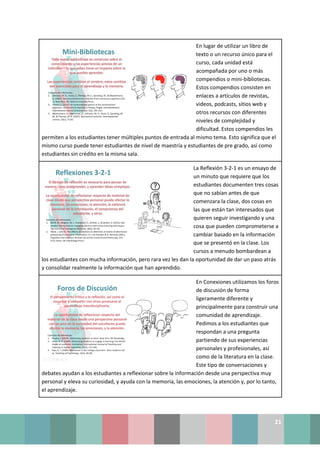 21
En lugar de utilizar un libro de
texto o un recurso único para el
curso, cada unidad está
acompañada por uno o más
compendios o mini-bibliotecas.
Estos compendios consisten en
enlaces a artículos de revistas,
videos, podcasts, sitios web y
otros recursos con diferentes
niveles de complejidad y
dificultad. Estos compendios les
permiten a los estudiantes tener múltiples puntos de entrada al mismo tema. Esto significa que el
mismo curso puede tener estudiantes de nivel de maestría y estudiantes de pre grado, así como
estudiantes sin crédito en la misma sala.
La Reflexión 3-2-1 es un ensayo de
un minuto que requiere que los
estudiantes documenten tres cosas
que no sabían antes de que
comenzara la clase, dos cosas en
las que están tan interesados que
quieren seguir investigando y una
cosa que pueden comprometerse a
cambiar basado en la información
que se presentó en la clase. Los
cursos a menudo bombardean a
los estudiantes con mucha información, pero rara vez les dan la oportunidad de dar un paso atrás
y consolidar realmente la información que han aprendido.
En Conexiones utilizamos los foros
de discusión de forma
ligeramente diferente y
principalmente para construir una
comunidad de aprendizaje.
Pedimos a los estudiantes que
respondan a una pregunta
partiendo de sus experiencias
personales y profesionales, así
como de la literatura en la clase.
Este tipo de conversaciones y
debates ayudan a los estudiantes a reflexionar sobre la información desde una perspectiva muy
personal y eleva su curiosidad, y ayuda con la memoria, las emociones, la atención y, por lo tanto,
el aprendizaje.
 