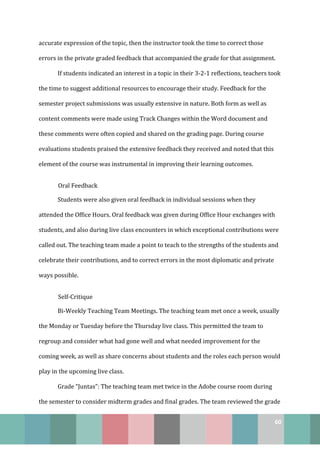 60
accurate expression of the topic, then the instructor took the time to correct those
errors in the private graded feedback that accompanied the grade for that assignment.
If students indicated an interest in a topic in their 3-2-1 reflections, teachers took
the time to suggest additional resources to encourage their study. Feedback for the
semester project submissions was usually extensive in nature. Both form as well as
content comments were made using Track Changes within the Word document and
these comments were often copied and shared on the grading page. During course
evaluations students praised the extensive feedback they received and noted that this
element of the course was instrumental in improving their learning outcomes.
Oral Feedback
Students were also given oral feedback in individual sessions when they
attended the Office Hours. Oral feedback was given during Office Hour exchanges with
students, and also during live class encounters in which exceptional contributions were
called out. The teaching team made a point to teach to the strengths of the students and
celebrate their contributions, and to correct errors in the most diplomatic and private
ways possible.
Self-Critique
Bi-Weekly Teaching Team Meetings. The teaching team met once a week, usually
the Monday or Tuesday before the Thursday live class. This permitted the team to
regroup and consider what had gone well and what needed improvement for the
coming week, as well as share concerns about students and the roles each person would
play in the upcoming live class.
Grade “Juntas”: The teaching team met twice in the Adobe course room during
the semester to consider midterm grades and final grades. The team reviewed the grade
 