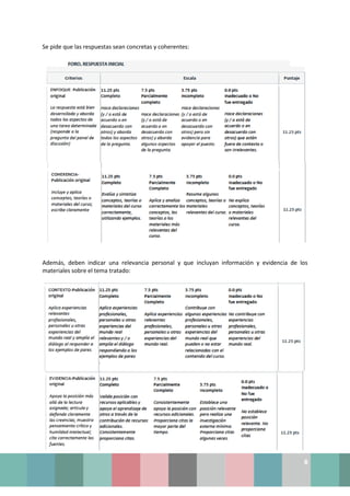 8
Se pide que las respuestas sean concretas y coherentes:
Además, deben indicar una relevancia personal y que incluyan información y evidencia de los
materiales sobre el tema tratado:
 