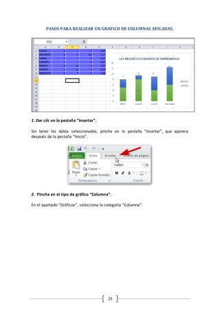 23
PASOS PARA REALIZAR UN GRAFICO DE COLUMNAS APILADAS.
1. Dar clic en la pestaña “Insertar”.
Sin tener los datos seleccionados, pincha en la pestaña “Insertar”, que aparece
después de la pestaña “Inicio”.
2. Pincha en el tipo de gráfico “Columna”.
En el apartado “Gráficos”, selecciona la categoría “Columna”.
 