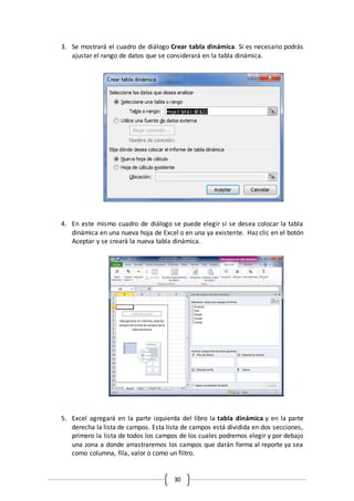 30
3. Se mostrará el cuadro de diálogo Crear tabla dinámica. Si es necesario podrás
ajustar el rango de datos que se considerará en la tabla dinámica.
4. En este mismo cuadro de diálogo se puede elegir si se desea colocar la tabla
dinámica en una nueva hoja de Excel o en una ya existente. Haz clic en el botón
Aceptar y se creará la nueva tabla dinámica.
5. Excel agregará en la parte izquierda del libro la tabla dinámica y en la parte
derecha la lista de campos. Esta lista de campos está dividida en dos secciones,
primero la lista de todos los campos de los cuales podremos elegir y por debajo
una zona a donde arrastraremos los campos que darán forma al reporte ya sea
como columna, fila, valor o como un filtro.
 