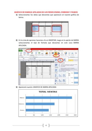 4
GRÁFICO DE BARRAS APILADAS DE LOS MESES ENERO, FEBRERO Y MARZO
1) Seleccionamos los datos que deseamos que aparezcan en nuestro gráfico de
barras.
2) En la cinta de opciones hacemos clic en INSERTAR, luego en la opción de BARRA
seleccionamos el tipo de formato que deseamos en este caso BARRA
APLICADA.
3) Aparecerá nuestro GRAFICO DE BARRA APLICADA
 