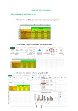 7
GRAFICO TIPO: COLUMNAS
ESTILO: COLUMNA AGRUPADA EN 3D
1. Seleccionamos los datos que deseamos que aparezcan en el gráfico.
2. Clic en insertar, luego clic en insertar grafico de columnas
3. Seleccionamos la opcion columna agrupada en 3D
 