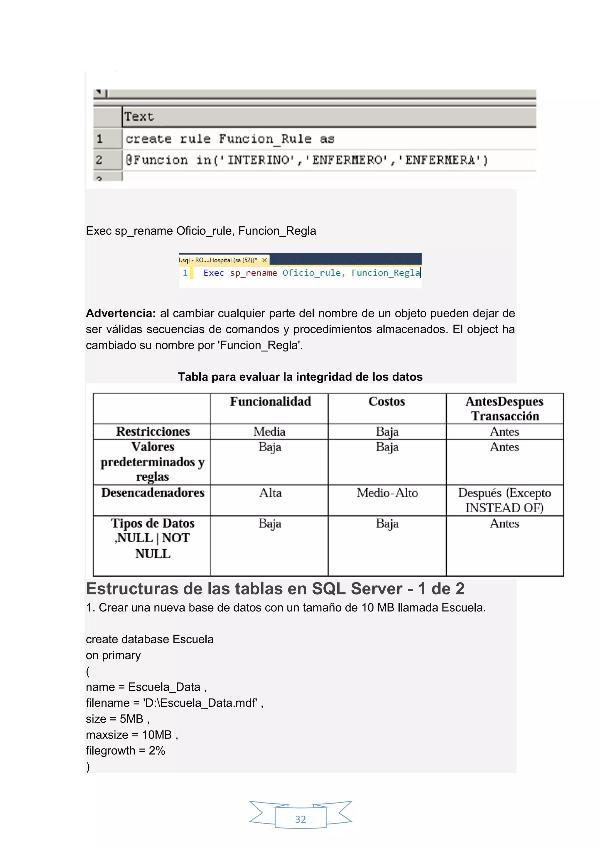 32
Exec sp_rename Oficio_rule, Funcion_Regla
Advertencia: al cambiar cualquier parte del nombre de un objeto pueden dejar de
ser válidas secuencias de comandos y procedimientos almacenados. El object ha
cambiado su nombre por 'Funcion_Regla'.
Tabla para evaluar la integridad de los datos
Estructuras de las tablas en SQL Server - 1 de 2
1. Crear una nueva base de datos con un tamaño de 10 MB llamada Escuela.
create database Escuela
on primary
(
name = Escuela_Data ,
filename = 'D:Escuela_Data.mdf' ,
size = 5MB ,
maxsize = 10MB ,
filegrowth = 2%
)
 