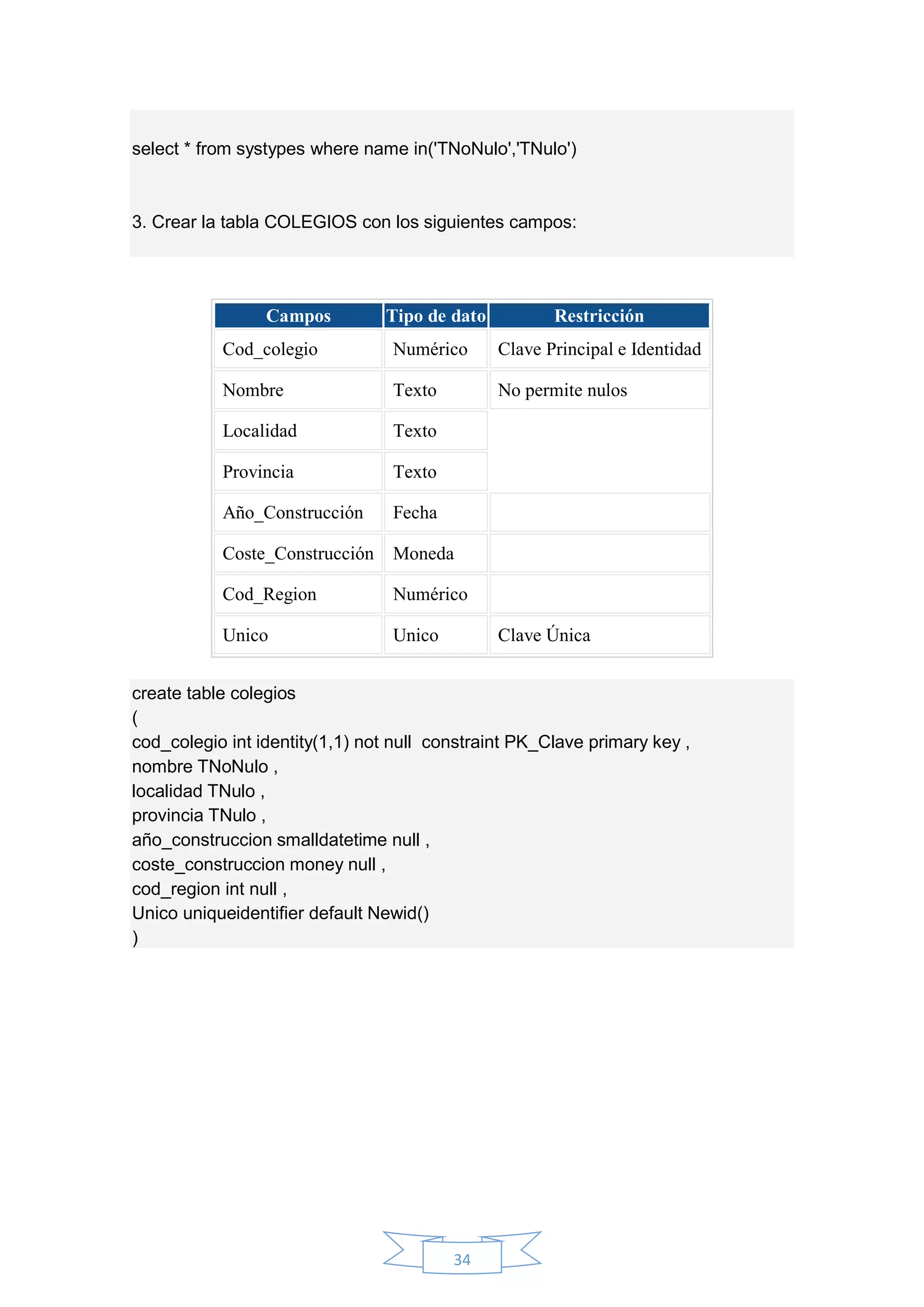 34
select * from systypes where name in('TNoNulo','TNulo')
3. Crear la tabla COLEGIOS con los siguientes campos:
Campos Tipo de dato Restricción
Cod_colegio Numérico Clave Principal e Identidad
Nombre Texto No permite nulos
Localidad Texto
Provincia Texto
Año_Construcción Fecha
Coste_Construcción Moneda
Cod_Region Numérico
Unico Unico Clave Única
create table colegios
(
cod_colegio int identity(1,1) not null constraint PK_Clave primary key ,
nombre TNoNulo ,
localidad TNulo ,
provincia TNulo ,
año_construccion smalldatetime null ,
coste_construccion money null ,
cod_region int null ,
Unico uniqueidentifier default Newid()
)
 