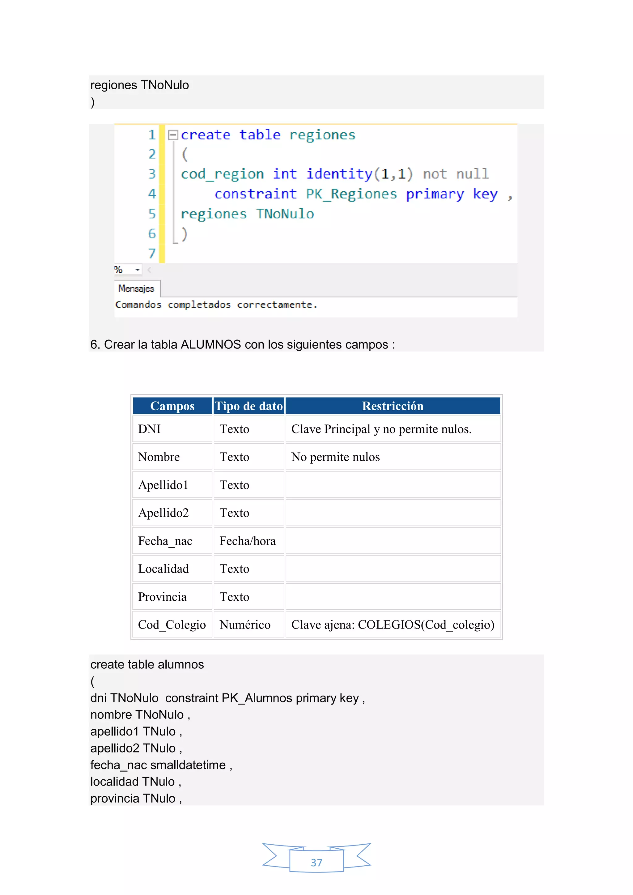 37
regiones TNoNulo
)
6. Crear la tabla ALUMNOS con los siguientes campos :
Campos Tipo de dato Restricción
DNI Texto Clave Principal y no permite nulos.
Nombre Texto No permite nulos
Apellido1 Texto
Apellido2 Texto
Fecha_nac Fecha/hora
Localidad Texto
Provincia Texto
Cod_Colegio Numérico Clave ajena: COLEGIOS(Cod_colegio)
create table alumnos
(
dni TNoNulo constraint PK_Alumnos primary key ,
nombre TNoNulo ,
apellido1 TNulo ,
apellido2 TNulo ,
fecha_nac smalldatetime ,
localidad TNulo ,
provincia TNulo ,
 