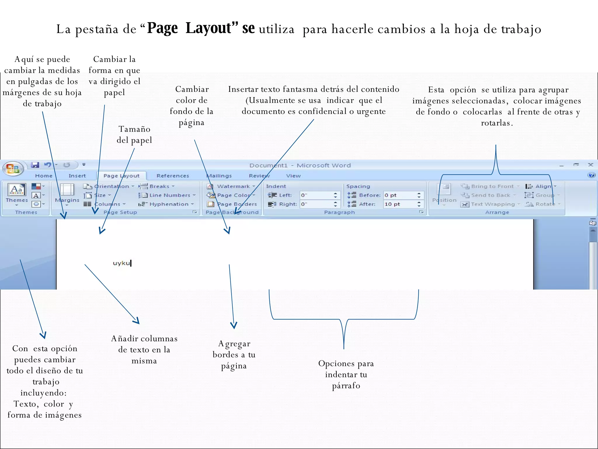 La pestaña de “ Page  Layout” se  utiliza  para hacerle cambios a la hoja de trabajo Aquí se puede cambiar la medidas en pulgadas de los márgenes de su hoja de trabajo Opciones para indentar tu párrafo Cambiar la forma en que va dirigido el papel Añadir columnas de texto en la misma Tamaño del papel Agregar bordes a tu página Esta  opción  se utiliza para agrupar imágenes seleccionadas,  colocar imágenes  de fondo o  colocarlas  al frente de otras y rotarlas.  Cambiar color de fondo de la página Insertar texto fantasma detrás del contenido (Usualmente se usa  indicar  que el documento es confidencial o urgente Con  esta opción puedes cambiar todo el diseño de tu  trabajo incluyendo:  Texto,  color  y  forma de imágenes 