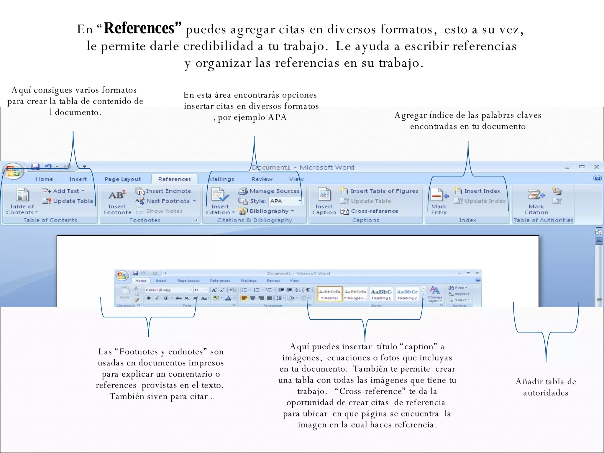 En “ References”  puedes   agregar citas en diversos formatos,  esto a su vez,  le permite darle credibilidad a tu trabajo.  Le ayuda a escribir referencias  y organizar las referencias en su trabajo. Las “Footnotes y endnotes” son usadas en documentos impresos para explicar un comentario o references  provistas en el texto.  También siven para citar . Aquí consigues varios formatos  para crear la tabla de contenido de l documento. En esta área encontrarás opciones  insertar citas en diversos formatos , por ejemplo APA  Aquí puedes insertar  título “caption” a imágenes,  ecuaciones o fotos que incluyas en tu documento.  También te permite  crear una tabla con todas las imágenes que tiene tu trabajo.  “Cross-reference” te da la oportunidad de crear citas  de referencia  para ubicar  en que página se encuentra  la imagen en la cual haces referencia. Agregar índice de las palabras claves encontradas en tu documento Añadir tabla de autoridades 
