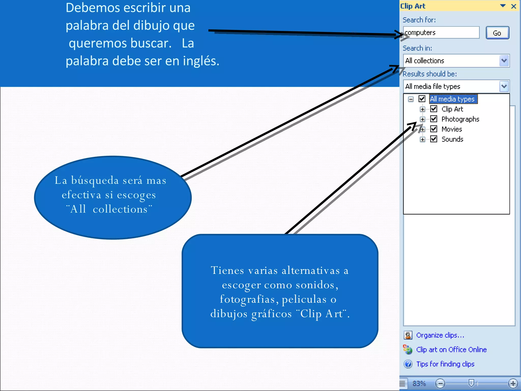 Debemos escribir una  palabra del dibujo que  queremos buscar.  La  palabra debe ser en inglés.    La búsqueda será mas efectiva si escoges  ¨All  collections¨  Tienes varias alternativas a escoger como  sonidos, fotografias, peliculas o  dibujos gráficos ¨Clip Art¨. 