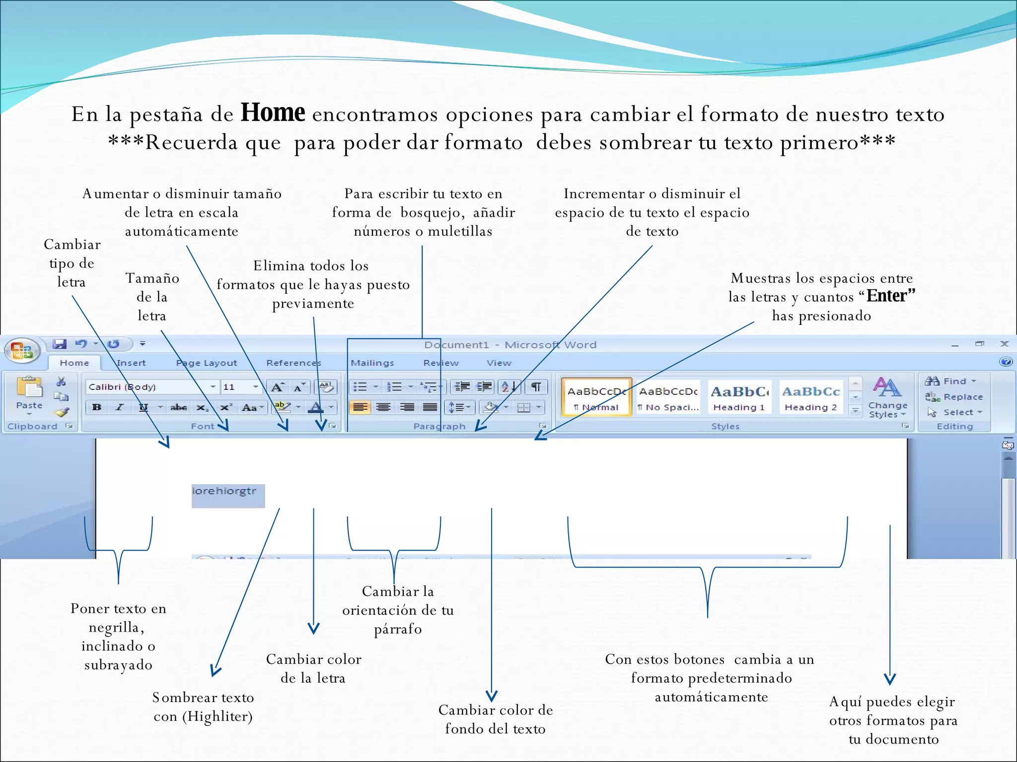 En la pestaña de  Home  encontramos opciones para cambiar el formato de nuestro texto ***Recuerda que  para poder dar formato  debes sombrear tu texto primero***  Cambiar color de fondo del texto Con estos botones  cambia a un  formato predeterminado automáticamente Aquí puedes elegir  otros formatos para tu documento Cambiar la orientación de tu párrafo Cambiar color de la letra Sombrear texto con (Highliter) Poner texto en negrilla,  inclinado o subrayado Cambiar tipo de letra Tamaño de la letra Aumentar o disminuir tamaño de letra en escala automáticamente Elimina todos los  formatos que le hayas puesto previamente Para escribir tu texto en forma de  bosquejo,  añadir números o muletillas Incrementar o disminuir el espacio de tu texto el espacio de texto Muestras los espacios entre las letras y cuantos “ Enter”  has presionado 