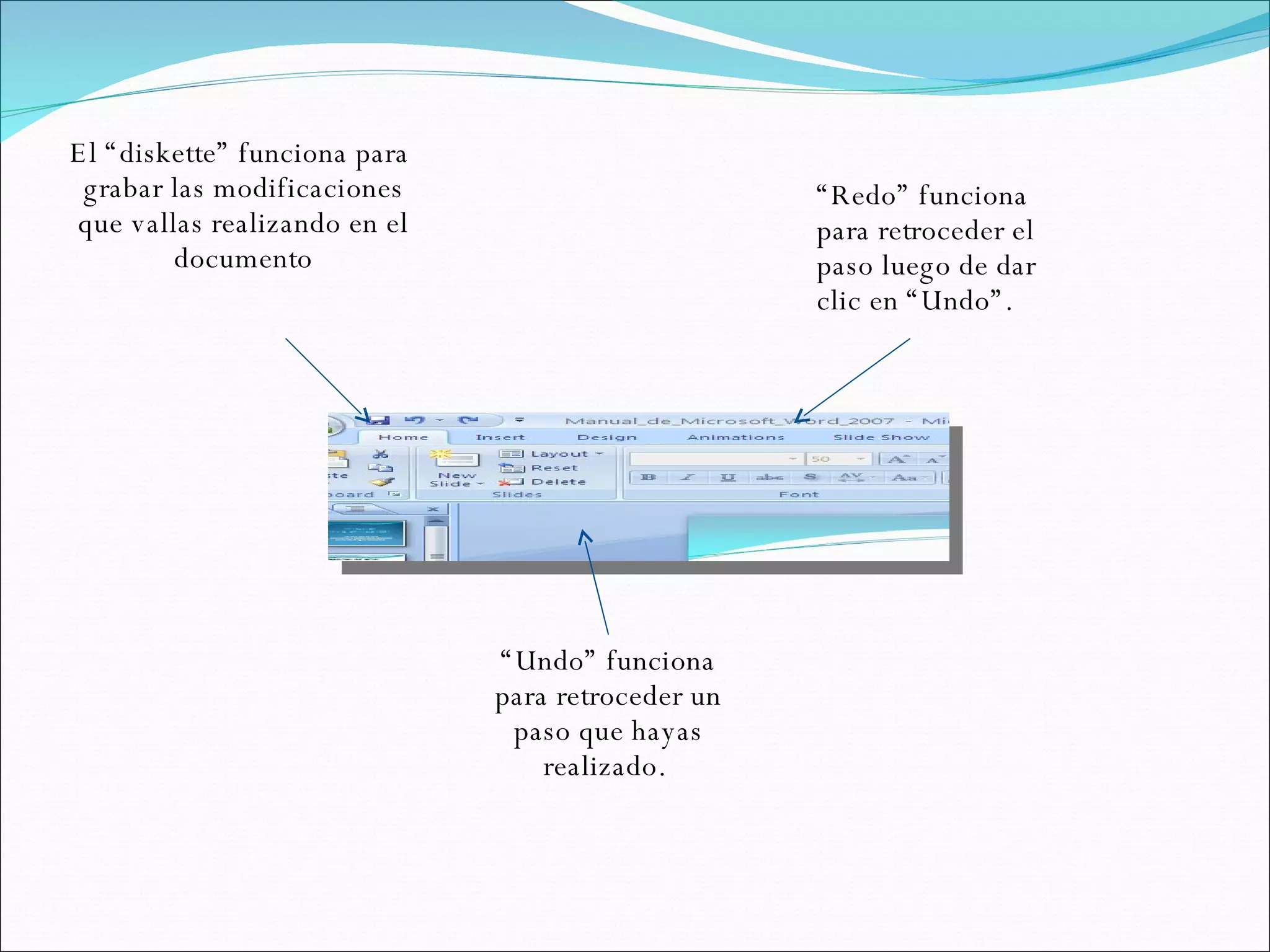 El “diskette” funciona para  grabar las modificaciones que vallas realizando en el documento “ Redo” funciona para retroceder el paso luego de dar clic en “Undo”. “ Undo” funciona para retroceder un paso que hayas realizado.  