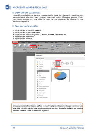 MICROSOFT WORD BÁSICO 2016
94 Mg. John P. MOSCOSO NORIEGA
 CREAR GRÁFICOS ESTADÍSTICOS
Los gráficos estadísticos son una representación visual de información numérica, son
particularmente efectivos para mostrar relaciones entre diferentes valores. Están
compuesto siempre por una tabla de datos la cual contienen la información que
necesitamos graficar.
 Pasos para insertar un gráfico
1- Hacer clic en la Pestaña Insertar.
2- Hacer clic en la opción Gráfico.
3- Hacer clic en un tipo de gráfico (Circular, Barras, Columna, etc.)
4- Hacer clic en un modelo.
5- Hacer clic en aceptar.
Una vez seleccionado el tipo de gráfico, en nuestra página del documento aparecerá insertado
un gráfico con información base, simultáneamente una hoja de cálculo de Excel que muestra
los datos sobre las cuales se ha creado el gráfico.
 