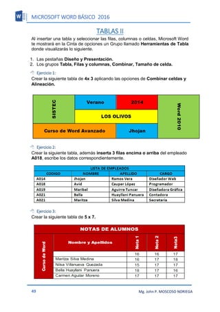 MICROSOFT WORD BÁSICO 2016
49 Mg. John P. MOSCOSO NORIEGA
TABLAS II
Al insertar una tabla y seleccionar las filas, columnas o celdas, Microsoft Word
te mostrará en la Cinta de opciones un Grupo llamado Herramientas de Tabla
donde visualizarás lo siguiente.
1. Las pestañas Diseño y Presentación.
2. Los grupos Tabla, Filas y columnas, Combinar, Tamaño de celda.
 Ejercicio 1:
Crear la siguiente tabla de 4x 3 aplicando las opciones de Combinar celdas y
Alineación.
 Ejercicio 2:
Crear la siguiente tabla, además inserta 3 filas encima o arriba del empleado
A018, escribe los datos correspondientemente.
 Ejercicio 3:
Crear la siguiente tabla de 5 x 7.
 