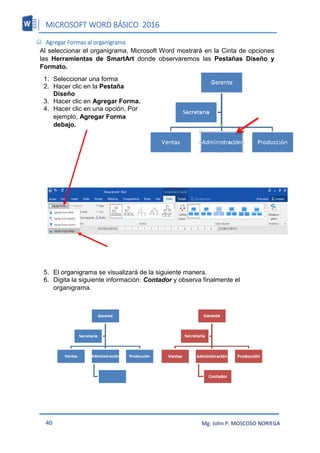 MICROSOFT WORD BÁSICO 2016
40 Mg. John P. MOSCOSO NORIEGA
 Agregar Formas al organigrama
Al seleccionar el organigrama, Microsoft Word mostrará en la Cinta de opciones
las Herramientas de SmartArt donde observaremos las Pestañas Diseño y
Formato.
1. Seleccionar una forma
2. Hacer clic en la Pestaña
Diseño
3. Hacer clic en Agregar Forma.
4. Hacer clic en una opción, Por
ejemplo, Agregar Forma
debajo.
5. El organigrama se visualizará de la siguiente manera.
6. Digita la siguiente información: Contador y observa finalmente el
organigrama.
 
