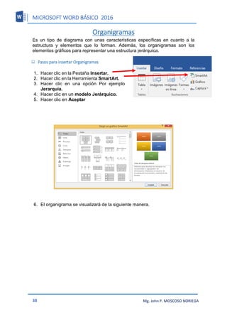 MICROSOFT WORD BÁSICO 2016
38 Mg. John P. MOSCOSO NORIEGA
Organigramas
Es un tipo de diagrama con unas características específicas en cuanto a la
estructura y elementos que lo forman. Además, los organigramas son los
elementos gráficos para representar una estructura jerárquica.
 Pasos para insertar Organigramas
1. Hacer clic en la Pestaña Insertar.
2. Hacer clic en la Herramienta SmartArt.
3. Hacer clic en una opción Por ejemplo
Jerarquía.
4. Hacer clic en un modelo Jerárquico.
5. Hacer clic en Aceptar
6. El organigrama se visualizará de la siguiente manera.
 