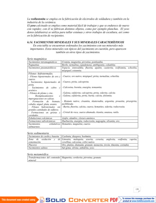 139
La wollastonita se emplea en la fabricación de electrodos de soldadura y también en la
industria de la cerámica.
El yeso calcinado se emplea como material fácil de trabajar y que se endurece de nuevo
con rapidez; con él se fabrican distintos objetos, como por ejemplo planchas. El yeso
denso (alabastro) se utiliza para tallar estatuas y otros trabajos de escultura, así como
en la fabricación de recipientes.
6.14. YACIMIENTOS MINERALES Y SUS MINERALES CARACTERÍSTICOS
En esta tabla se encuentran ordenados los yacimientos con sus minerales más
importantes. Estos minerales son típicos del yacimiento en cuestión, pero aparecen
también en otros tipos de yacimientos.
Serie magmática
Yacimientos intramagmáticos Cromita, magnetita, pirrotina, pentlandita.
Pegmatitas Berilo, turmalina, espudemena, ambligonita, columbita.
Yacimientos pneumatolíticos Topacio, zinnwaldita, fluorita, apatito, casiterita, wolframita, scheelita,
mispiquel, estannita.
Filones hidrotermales.
- Filones hipotermales de oro y
cuarzo.
- Yacimientos hipotermales de
pirita.
- Yacimientos de cobre y
arsénico.
- Filones de plomo y cinc.
- Reemplazamientos e
impregnaciones en calizas.
- Formación de bismuto,
cobalto, níquel, plata, uranio.
- Filones hidrotermales sin
grandes cantidades de sulfuros.
- Formaciones en grietas y
cavidades.
- Cuarzo, oro nativo, mispiquel, pirita, turmalina, scheelita.
- Cuarzo, pirita, calcopirita.
- Calcosina, bornita, enargita, tennantita.
- Galena, esfalerita, calcopirita, pirita, siderita, calcita.
- Galena, esfalerita, pirita, barita, calcita, dolomita.
- Bismuto nativo, cloantita, skutterudita, argentita, proustita, pirargirita,
pechblenda.
- Barita, fluorita, calcita, cuarzo, hematites, siderita, rodocrosita.
- Cristal de roca, cuarzo ahumado, titanita, anatasa, rutilo.
Exhalaciones volcánicas Azufre, alumbre, cloruro amónico.
Formaciones subvolcánicas Huebnerita, enargita, rodocrosita, nagyagita, silvanita, oro.
Yacimientos exhalativos
submarinos.
Hematites, magnetita, cuarzo.
Serie sedimentaria
Yacimientos de caolín y bauxita Caolinita, diaspora, boehmita.
Zona de oxidación y de
cementación.
Limonita, malaquita, azurita, cerusita, anglesita, wulfenita, cuprita,
covellina, calcosina, cobre nativo.
Placeres Oro, platino, diamante, granate, monacita, zircón, ilmenita, corindón.
Yacimientos salinos Sal gema, silvina, anhidrita, yeso.
Serie metamórfica
Transformaciones del contenido
mineral.
Magnetita, cordierita, pirrotina, granate.
 