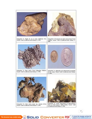 167
Fotografía 7.1. Pepita de oro (4 mm) California USA.
Fuente: Gold G.Guillermo-Jordi Jubany C; 1994.
Fotografía 7.2. Escama de oro sobre cuarzo (2cm) Yucon
(Alaska). Fuente: Gold G.Guillermo-Jordi Jubany C;
1994.
Fotografía 7.3. Plata nativa (7cm) Chihuahua (Méjico).
Fuente: Gold G.Guillermo-Jordi Jubany C; 1994.
Fotografía 7.4. Aplicación en la fabricación de monedas
de oro y plata. Fuente: Gold G.Guillermo-Jordi Jubany
C; 1994.
Fotografía 7.5. Cobre nativo (6cm) Ajo. Arizona (USA).
Fuente: Gold G.Guillermo-Jordi Jubany C; 1994.
Fotografía 7.6. Azufre impregnado de hidrocarburos
(5cm el cristal mayor). Sicilia (Italia). Fuente: Gold
G.Guillermo-Jordi Jubany C; 1994.
 