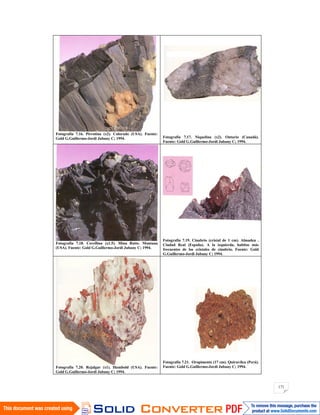 171
Fotografía 7.16. Pirrotina (x2). Colorado (USA). Fuente:
Gold G.Guillermo-Jordi Jubany C; 1994. Fotografía 7.17. Niquelina (x2). Ontario (Canadá).
Fuente: Gold G.Guillermo-Jordi Jubany C; 1994.
Fotografía 7.18. Covellina (x1.5). Mina Butte. Montana
(USA). Fuente: Gold G.Guillermo-Jordi Jubany C; 1994.
Fotografía 7.19. Cinabrio (cristal de 1 cm). Almaden .
Ciudad Real (España). A la izquierda, habitos más
frecuentes de los cristales de cinabrio. Fuente: Gold
G.Guillermo-Jordi Jubany C; 1994.
Fotografía 7.20. Rejalgar (x1). Humbold (USA). Fuente:
Gold G.Guillermo-Jordi Jubany C; 1994.
Fotografía 7.21. Oropimente (17 cm). Quiruvilca (Perú).
Fuente: Gold G.Guillermo-Jordi Jubany C; 1994.
 