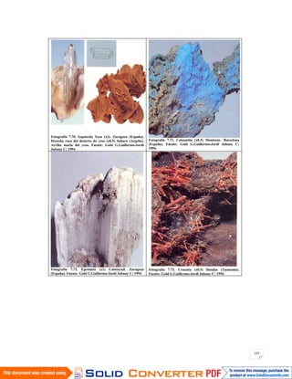 185
Fotografía 7.70. Izquierda Yeso (x2). Zaragoza (España).
Derecha rosa del desierto de yeso (x0.5) Sahara (Argelia).
Arriba macla del yeso. Fuente: Gold G.Guillermo-Jordi
Jubany C; 1994.
Fotografía 7.71. Calcantita (x0.5) Montseny. Barcelona
(España). Fuente: Gold G.Guillermo-Jordi Jubany C;
1994.
Fotografía 7.72. Epsomita (x1) Calatayud. Zaragoza
(España). Fuente: Gold G.Guillermo-Jordi Jubany C; 1994.
Fotografía 7.73. Crocoita (x0.5) Dundas (Tasmania).
Fuente: Gold G.Guillermo-Jordi Jubany C; 1994.
 