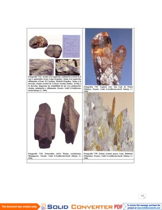 192
Fotografía 7.92. Arriba a la izquierda, andalucita (cristal de 6
cm) y quiastolita (2cm). Lugo (España). Abajo a la izquierda,
sillimanita (13cm). El Cardoso. Madrid (España). Abajo a la
derecha, cianita (cristal de 13.5cm) Tessino (Italia). Arriba a
la derecha, diagrama de estabilidad de los tres polimorfos:
cianita, andalucita y sillimanita. Fuente: Gold G.Guillermo-
Jordi Jubany C; 1994.
Fotografía 7.93. Topacio (x4). San Luis de Potosí
(Méjico). Fuente: Gold G.Guillermo-Jordi Jubany C;
1994.
Fotografía 7.94. Estaurolita (x0.5) Maclas cruciformes.
Madagascar. Fuente: Gold G.Guillermo-Jordi Jubany C;
1994.
Fotografía 7.95. Esfena (cristal mayor 1cm). Baltistán
(Pakistán). Fuente: Gold G.Guillermo-Jordi Jubany C;
1994.
 