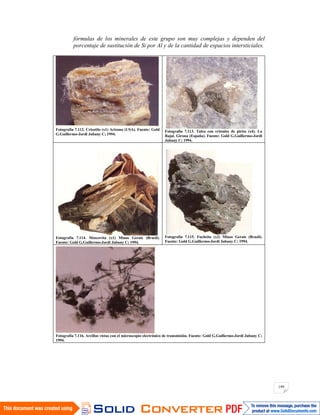199
fórmulas de los minerales de este grupo son muy complejas y dependen del
porcentaje de sustitución de Si por Al y de la cantidad de espacios intersticiales.
Fotografía 7.112. Crisotilo (x1) Arizona (USA). Fuente: Gold
G.Guillermo-Jordi Jubany C; 1994.
Fotografía 7.113. Talco con cristales de pirita (x4). La
Bajal. Girona (España). Fuente: Gold G.Guillermo-Jordi
Jubany C; 1994.
Fotografía 7.114. Moscovita (x1) Minas Gerais (Brasil).
Fuente: Gold G.Guillermo-Jordi Jubany C; 1994.
Fotografía 7.115. Fuchsita (x2) Minas Gerais (Brasil).
Fuente: Gold G.Guillermo-Jordi Jubany C; 1994.
Fotografía 7.116. Arcillas vistas con el microscopio electrónico de transmisión. Fuente: Gold G.Guillermo-Jordi Jubany C;
1994.
 