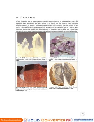 200
TECTOSILICATOS:
Están formados por un armazón de tetraedros unidos entre sí en las tres direcciones del
espacio. Esta estructura es muy sólida y la fuerza de los enlaces, muy elevada
eléctricamente, es neutra; su fórmula general es SiO2 (cuarzo). En este grupo, al no
haber cargas eléctricas para neutralizar, no existiría otro mineral que el cuarzo, pero
hay una sustitución isomórfica del silicio por el aluminio que al dejar una carga libre
permite la incorporación de cationes con la consiguiente formación de otros minerales.
Fotografía 7.117. Cuarzo (var. Cristal de roca) (x1)Minas
Gerais (Brasil). Fuente: Gold G.Guillermo-Jordi Jubany C;
1994.
Fotografía 7.118. Cuarzo (var. Amatista) (x2) Guerrero
(Méjico). Fuente: Gold G.Guillermo-Jordi Jubany C;
1994.
Fotografía 7.119. Cuarzo (var. Jacinto de Compostela) (x5)
Minglanilla. Cuenca (España). Fuente: Gold G.Guillermo-
Jordi Jubany C; 1994.
Fotografía 7.120. Agata (x0.5) Minas Gerais (Brasil).
Fuente: Gold G.Guillermo-Jordi Jubany C; 1994.
 