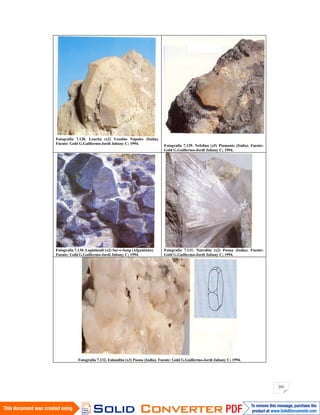 203
Fotografía 7.128. Leucita (x2) Vesubio Nápoles (Italia).
Fuente: Gold G.Guillermo-Jordi Jubany C; 1994.
Fotografía 7.129. Nefelina (x5) Piamonte (Italia). Fuente:
Gold G.Guillermo-Jordi Jubany C; 1994.
Fotografía 7.130. Lapislázuli (x2) Sar-e-Sang (Afganistán).
Fuente: Gold G.Guillermo-Jordi Jubany C; 1994.
Fotografía 7.131. Natrolita (x2) Poona (India). Fuente:
Gold G.Guillermo-Jordi Jubany C; 1994.
Fotografía 7.132. Eulandita (x3) Poona (India). Fuente: Gold G.Guillermo-Jordi Jubany C; 1994.
 