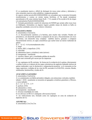71
O: es usualmente masiva y difícil de distinguir de rocas como calizas y dolomitas y
otros minerales masivos como anhidrita y magnesita granular
Q: especie similar jarosita KFe3(SO4)2(OH)6, mx secundario que se presenta formando
recubrimientos y costras en ciertas menas ferriferas, el Na puede reemplazar
parcialmente al K como mínimo hasta Na:K = 7:4; cuando el Na excede al K da origen
a la natroalunita (Na,K)Al3(SO4)2(OH)6
Y: formada generalmente a partir de soluciones de H2SO4 que actuán sobre rocas ricas
en feldéspato, formandose en algunos lugares grandes masas de alunita se halla en
pequeñas cantidades cerca de los cráteres volcánicos
ANGLESITA PbSO4
S: ortorrómbico 2/m2/m2/m
A: cx frecuentemente similares a la baritina, pero mucho más variados. Pueden ser
prismáticos, con desarrollo paralelo a cualquiera de los ejes y frecuentemente son ricos
en formas, con desarrollo muy complejo también masivo, granular a compacto
frecuentemente terroso, en capas concéntricas que suelen tener un núcleo inalterado de
galena
H: 3 G: 6.2 - 6.4 (extremadamente alto)
T: frágil
E: buena {001} e imperfecta {210}
F: concoidal
B: adamantino (puro y cristalino); mate (terroso)
D: transparente - translúcido
C: incoloro, blanco, gris y tonalidades pálidas de amarillo
puede estar coloreado gris oscuro por las impurezas
R:
Y: mx supérgeno de Pb corriente. Se forma por la oxidación de la galena, directamente
a sulfato (como se evidencia de las capas concéntricas de anglesita rodeando núcleos de
galena inalterada) o por la disolución y redepositación posterior se le encuentra en las
capas superiores, oxidadas de las vetas de Pb, asociada a la GALENA, cerusita, blenda,
smithsonita, hemimorfita y óxidos de Fe
ATACAMITA Cu2Cl(OH)3
S: ortorrómbico 2/m2/m2/m
A: cx comúnmente con hábito prismático delgado, con estriaciones verticales; también
tabular // {010} usualmente se encuentra en agregados cristalinos granulares y fibrosos,
a veces radiados
H: 3 - 3.5 G: 3.75 - 3.77
E: perfecta {010}
B: adamantino a vítreo
D: transparente - translúcido
C: diversas tonalidades de verde.
O: no efervece en HCl (v/s malaquita: efervecencia fuerte)
Y: mx relativamente raro, formado como mx supérgeno en zona de oxidación de
depósitos de Cu
AZUFRE S(s)
S: ortorrómbico 2/m 2/m 2/m
 