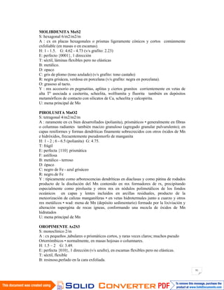 91
MOLIBDENITA MoS2
S: hexagonal 6/m2/m2/m
A : cx en placas hexagonales o prismas ligeramente cónicos y cortos comúnmente
exfoliable (en masas o en escamas).
H: 1 - 1.5. G: 4.62 - 4.73 (v/s grafito: 2.23)
E: perfecto {0001}, 1 dirección
T: séctil, láminas flexibles pero no elásticas
B: metálico.
D: opaco
C: gris de plomo (tono azulado) (v/s grafito: tono castaño)
R: negra grisácea, verdosa en porcelana (v/s grafito: negra en porcelana).
O: grasoso al tacto.
Y : mx accesorio en pegmatitas, aplitas y ciertos granitos corrientemente en vetas de
alta Tº asociada a casiterita, scheelita, wolframita y fluorita también en depósitos
metamórficos de contacto con silicatos de Ca, scheelita y calcopirita.
U: mena principal de Mo
PIROLUSITA MnO2
S: tetragonal 4/m2/m2/m
A : raramente en cx bien desarrollados (polianita), prismáticos • generalmente en fibras
o columnas radiantes también macizo granuloso (agregado granular pulvurulento); en
capas reniformes y formas dendríticas finamente sobrecrecidos con otros óxidos de Mn
e hidróxidos, frecuentemente pseudomorfo de manganita
H: 1 - 2 ; 6 - 6.5 (polianita) G: 4.75.
T: frágil
E: perfecta {110} prismática
F: astillosa
B: metálico - terroso
D: ópaco
C: negro de Fe - azul grisáceo
R: negro.de Fe
Y : típicamente como arborescencias dendríticas en diaclasas y como pátina de rodados
producto de la disolución del Mn contenido en mx formadores de rx, precipitando
especialmente como pirolusita y otros mx en nódulos polimetálicos de los fondos
oceánicos en capas y lentes incluidos en arcillas residuales, producto de la
meteorización de calizas manganíferas • en vetas hidrotermales junto a cuarzo y otros
mx metálicos • wad: mena de Mn (depósito sedimentario) formado por la lixiviación y
alteración supergéna de rocas igneas, conformando una mezcla de óxidos de Mn
hidratados
U: mena principal de Mn
OROPIMENTE As2S3
S: monoclínico 2/m
A : cx pequeños ,tabulares o prismáticos cortos, y raras veces claros; muchos pseudo
Ortorrómbicos • normalmente, en masas hojosas o columnares.
H: 1.5 – 2 G: 3.49.
E: perfecta {010}, 1 dirección (v/s azufre), en escamas flexibles pero no elásticas.
T: séctil, flexible
B: resinoso,perlado en la cara exfoliada.
 