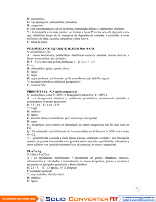 93
B: adamantino.
C: rojo (pirargirita) o bermellón (proustita).
R: congruente
O : mx isoestructurales con cx de forma, propiedades físicas y yacimientos similares
Y : la pirargirita es la más común • se forman a bajas Tº en las vetas de Ag junto a mx
que cristalizan luego de la secuencia de depositación primaria • asociadas a otras
sulfosales de plata, acantita, tetraedrita y plata nativa.
U: mena de plata.
PSILOMELANO (Ba2+,Mn2+)3 (O,OH)6 Mn4+8 O16
S: ortorrómbico 222
A : masas botroidales, estalactítico, dendríticas (aparece amorfo), costras masivas y
finas • como relleno de cavidades
H: 5 - 6 (v/s otros mx de Mn, pirolusita: 1 - 2) G: 3.7 - 4.7
E: ---
B: submetálico: graso, ceroso, vítreo
D: ópaco
C: negro
R: negra pardusca (v/s limonita: pardo amarillenta, rojo ladrillo, negro)
Y: asociado a pirolusita (idéntica paragénesis)
U: mena de Mn.
PIRROTITA Fe1-X S (pirita magnética)
S : monoclínico 2/m (T< 250ºC) • hexagonal 6/m2/m2/m (T> 300ºC).
A : cx hexagonales tabulares y usualmente piramidales, comúnmente maclados •
comúnmente en masas granulares.
H: 3.5 - 4,5 G: 4.58 - 4.79
T: frágil.
B: metálico
D: ópaco
C: amarillo bronce (amarillento, pero menos que calcopirita)
R: negra.
O : magnética (varía mucho en intensidad, las menos magnéticas son las más ricas en
Fe).
Q : SS omisional, con deficiencia de Fe como indica en la fórmula Fe1-XS, con x entre
0 y 0.2.
Y : generalmente asociada a rocas ígneas básicas, sobretodo a noritas • con frecuencia
aparece en granos diseminados o en grandes masas asociada a pentlandita, calcopirita y
otros sulfuros • en depósitos metamórficos de contacto, en vetas y pegmatitas
PLATA Ag
S: cúbico 4/m32/m.
A : cx típicamente malformados • típicamente en grupos cristalinos ramosos,
arborescentes y reticulados. • normalmente en masas irregulares, placas y escamas •
raramente en agregados granulares o finos alambres
H: 2.5 - 3. G: 10.5 (pura), 10-12 (impura)
F: aserrada (astillosa)
T: muy maleable, dúctil y séctil.
B: metálico
D: ópaca
 