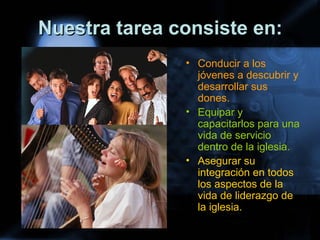 Nuestra tarea consiste en:Nuestra tarea consiste en:
• Conducir a los
jóvenes a descubrir y
desarrollar sus
dones.
• Equipar y
capacitarlos para una
vida de servicio
dentro de la iglesia.
• Asegurar su
integración en todos
los aspectos de la
vida de liderazgo de
la iglesia.
 