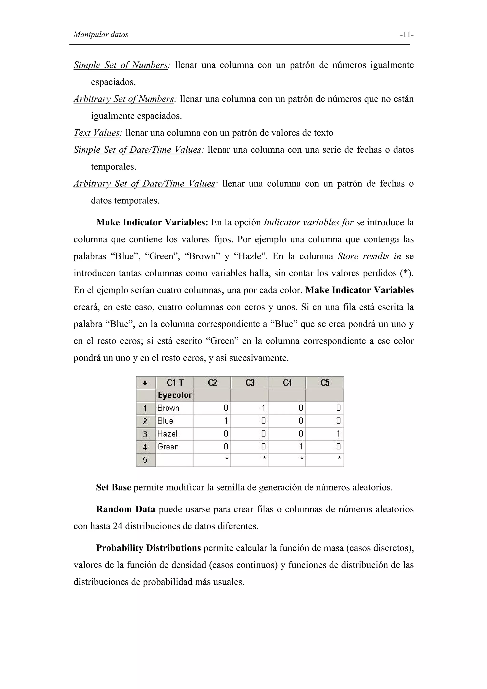 Manipular datos                                                                    -11-


Simple Set of Numbers: llenar una columna con un patrón de números igualmente
    espaciados.
Arbitrary Set of Numbers: llenar una columna con un patrón de números que no están
    igualmente espaciados.
Text Values: llenar una columna con un patrón de valores de texto
Simple Set of Date/Time Values: llenar una columna con una serie de fechas o datos
    temporales.
Arbitrary Set of Date/Time Values: llenar una columna con un patrón de fechas o
    datos temporales.

      Make Indicator Variables: En la opción Indicator variables for se introduce la
columna que contiene los valores fijos. Por ejemplo una columna que contenga las
palabras “Blue”, “Green”, “Brown” y “Hazle”. En la columna Store results in se
introducen tantas columnas como variables halla, sin contar los valores perdidos (*).
En el ejemplo serían cuatro columnas, una por cada color. Make Indicator Variables
creará, en este caso, cuatro columnas con ceros y unos. Si en una fila está escrita la
palabra “Blue”, en la columna correspondiente a “Blue” que se crea pondrá un uno y
en el resto ceros; si está escrito “Green” en la columna correspondiente a ese color
pondrá un uno y en el resto ceros, y así sucesivamente.




      Set Base permite modificar la semilla de generación de números aleatorios.

      Random Data puede usarse para crear filas o columnas de números aleatorios
con hasta 24 distribuciones de datos diferentes.

      Probability Distributions permite calcular la función de masa (casos discretos),
valores de la función de densidad (casos continuos) y funciones de distribución de las
distribuciones de probabilidad más usuales.
 