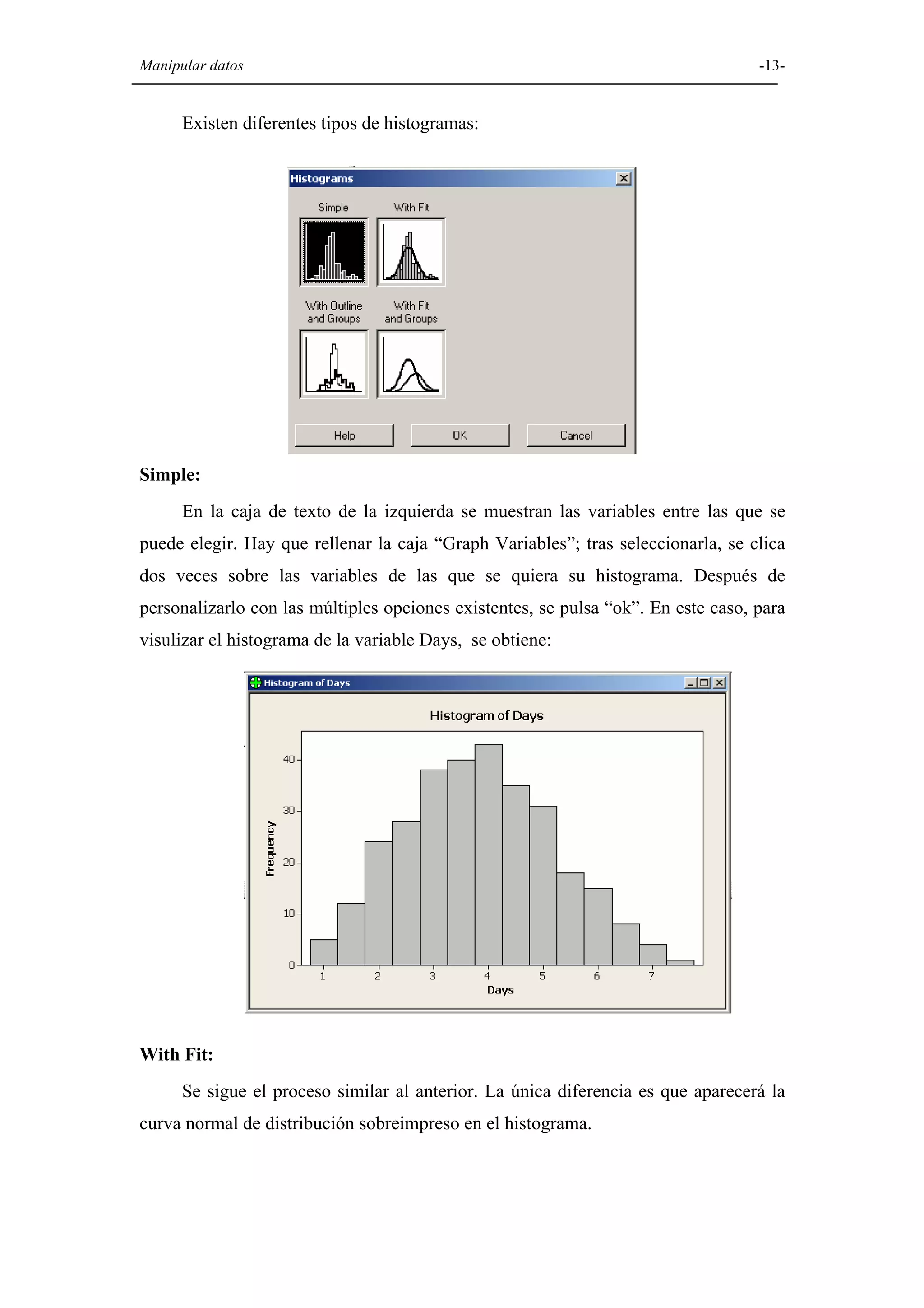 Manipular datos                                                                    -13-


      Existen diferentes tipos de histogramas:




Simple:
      En la caja de texto de la izquierda se muestran las variables entre las que se
puede elegir. Hay que rellenar la caja “Graph Variables”; tras seleccionarla, se clica
dos veces sobre las variables de las que se quiera su histograma. Después de
personalizarlo con las múltiples opciones existentes, se pulsa “ok”. En este caso, para
visulizar el histograma de la variable Days, se obtiene:




With Fit:
      Se sigue el proceso similar al anterior. La única diferencia es que aparecerá la
curva normal de distribución sobreimpreso en el histograma.
 