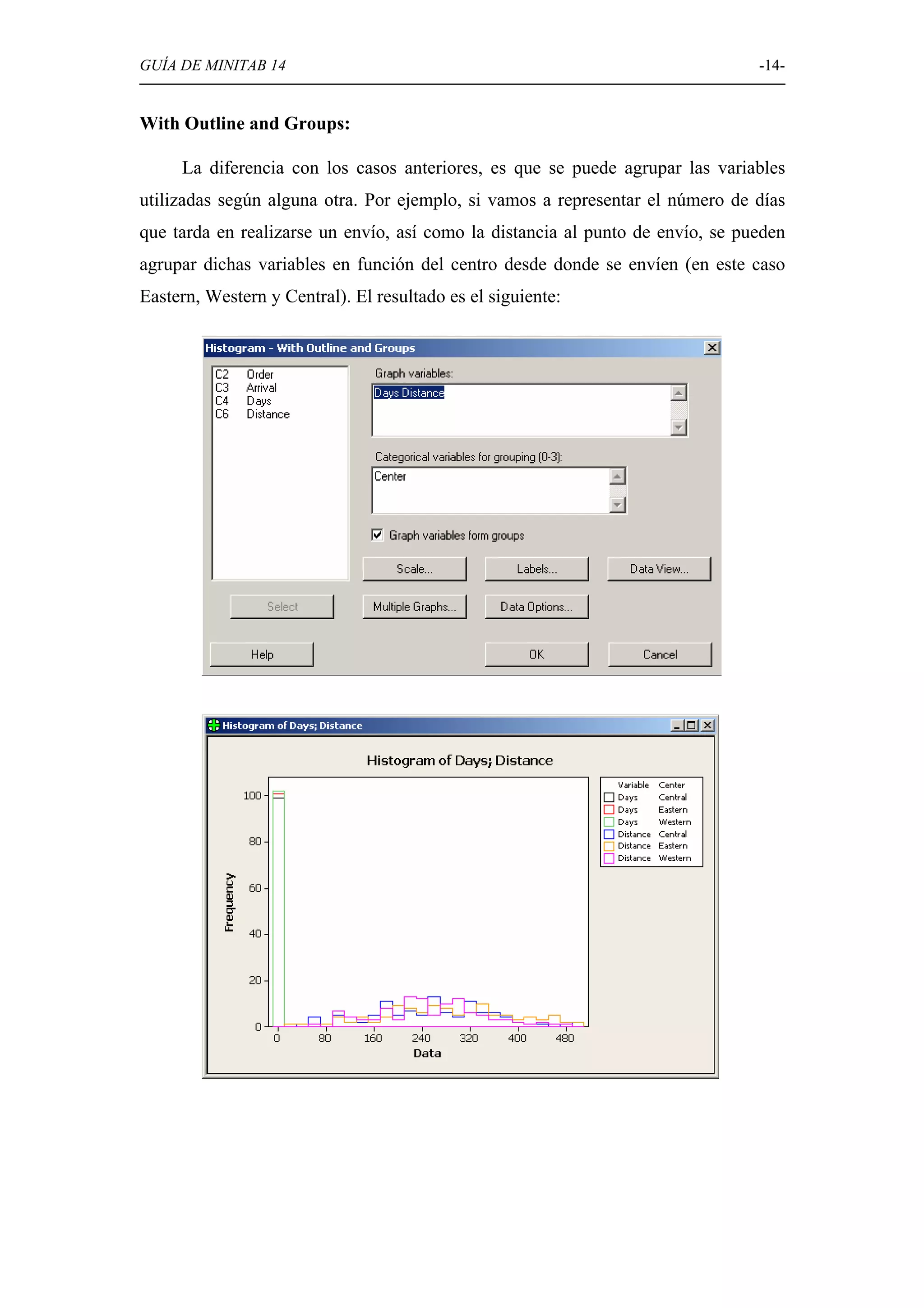 GUÍA DE MINITAB 14                                                              -14-


With Outline and Groups:

     La diferencia con los casos anteriores, es que se puede agrupar las variables
utilizadas según alguna otra. Por ejemplo, si vamos a representar el número de días
que tarda en realizarse un envío, así como la distancia al punto de envío, se pueden
agrupar dichas variables en función del centro desde donde se envíen (en este caso
Eastern, Western y Central). El resultado es el siguiente:
 