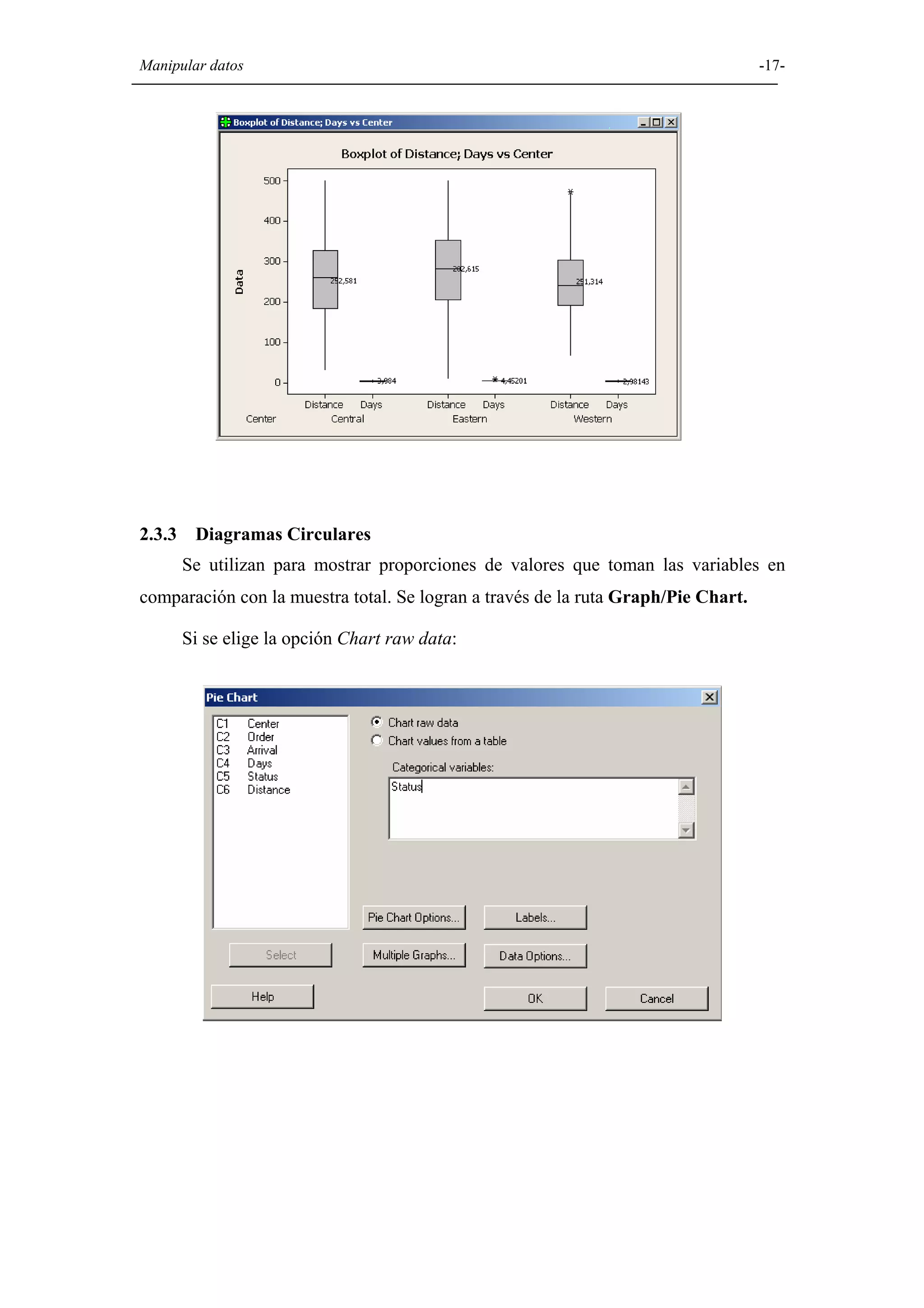 Manipular datos                                                                    -17-




2.3.3    Diagramas Circulares
        Se utilizan para mostrar proporciones de valores que toman las variables en
comparación con la muestra total. Se logran a través de la ruta Graph/Pie Chart.

        Si se elige la opción Chart raw data:
 