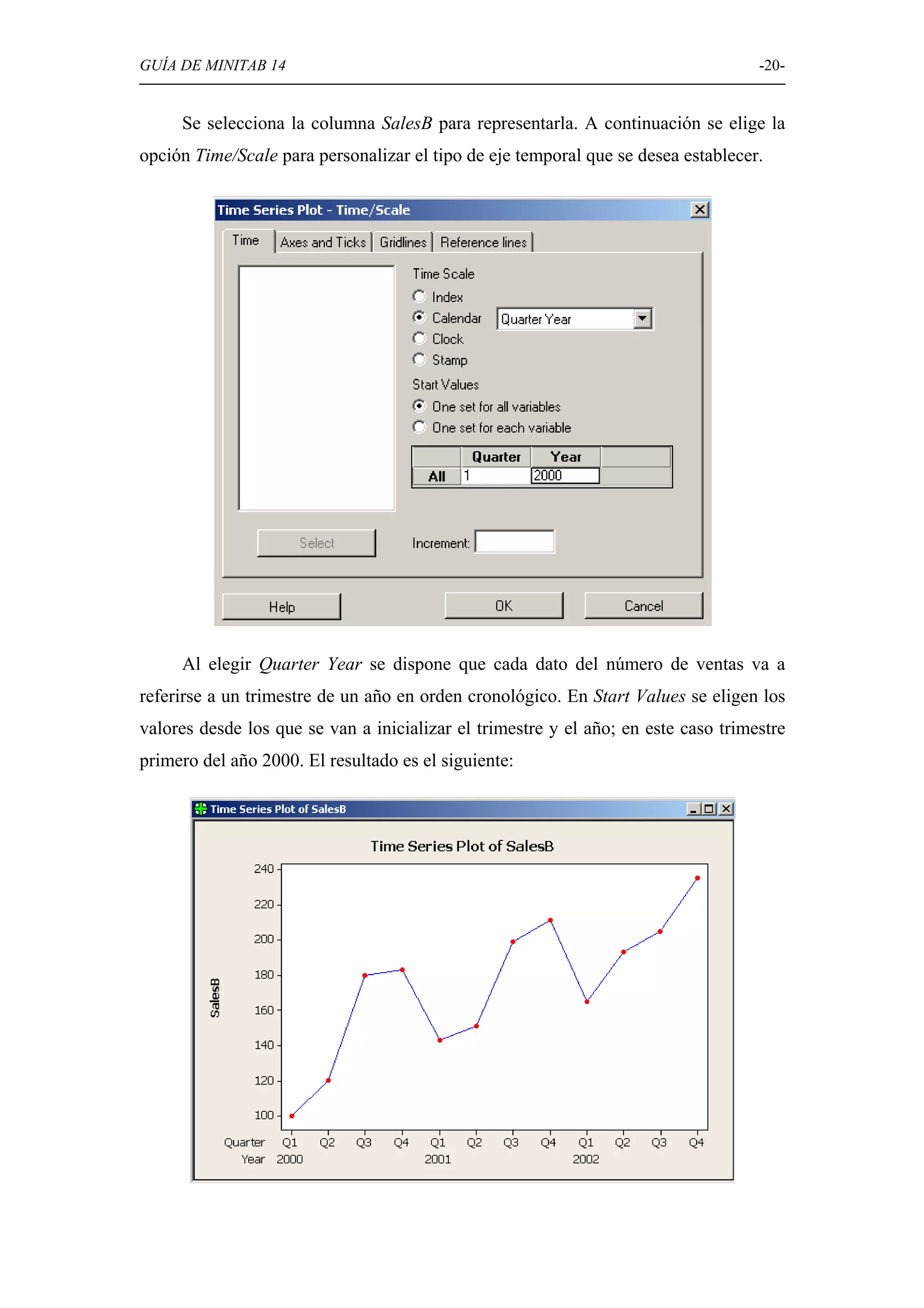 GUÍA DE MINITAB 14                                                                  -20-


     Se selecciona la columna SalesB para representarla. A continuación se elige la
opción Time/Scale para personalizar el tipo de eje temporal que se desea establecer.




     Al elegir Quarter Year se dispone que cada dato del número de ventas va a
referirse a un trimestre de un año en orden cronológico. En Start Values se eligen los
valores desde los que se van a inicializar el trimestre y el año; en este caso trimestre
primero del año 2000. El resultado es el siguiente:
 