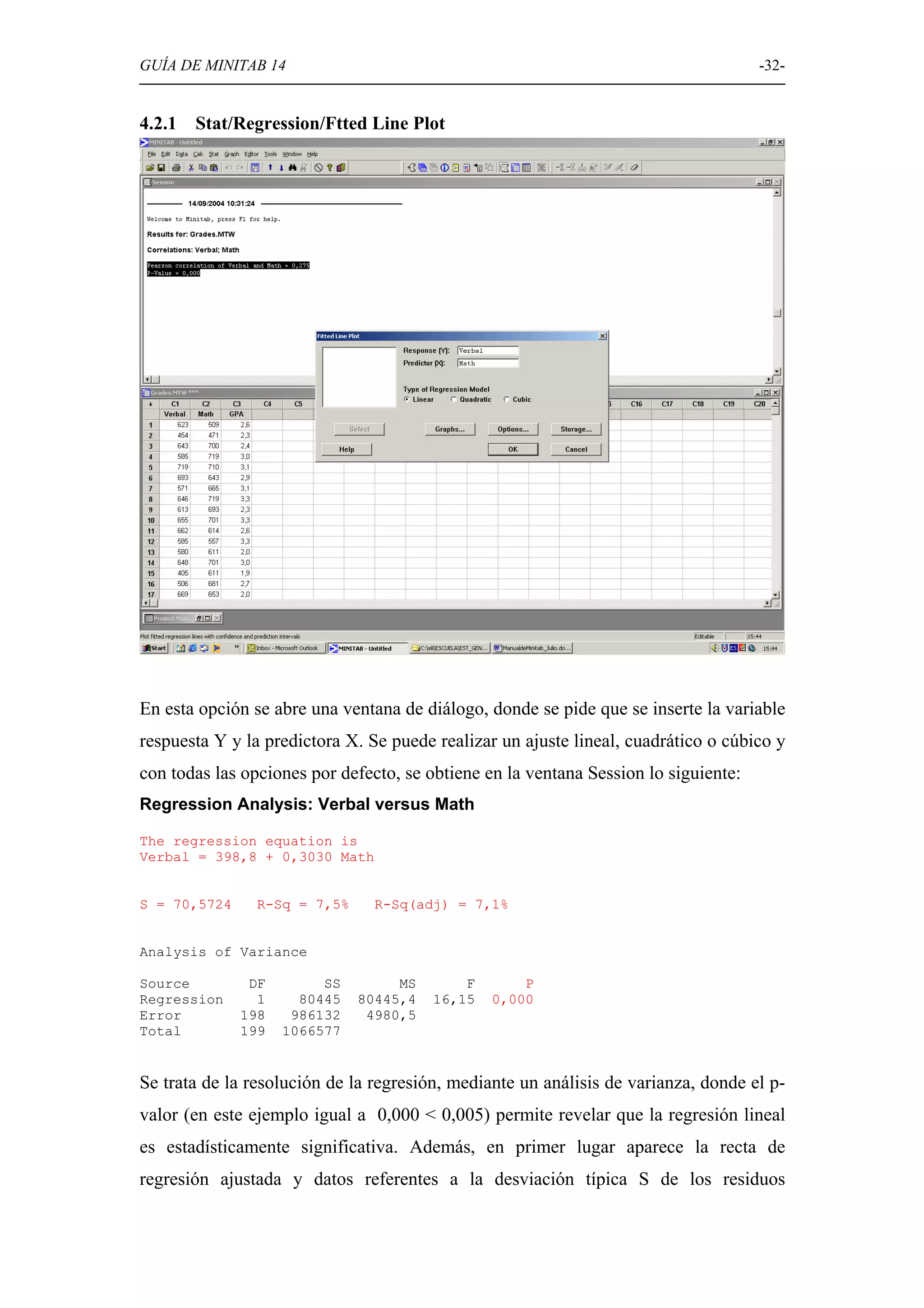 GUÍA DE MINITAB 14                                                                   -32-


4.2.1   Stat/Regression/Ftted Line Plot




En esta opción se abre una ventana de diálogo, donde se pide que se inserte la variable
respuesta Y y la predictora X. Se puede realizar un ajuste lineal, cuadrático o cúbico y
con todas las opciones por defecto, se obtiene en la ventana Session lo siguiente:
Regression Analysis: Verbal versus Math

The regression equation is
Verbal = 398,8 + 0,3030 Math


S = 70,5724     R-Sq = 7,5%     R-Sq(adj) = 7,1%


Analysis of Variance

Source         DF        SS        MS       F       P
Regression      1     80445   80445,4   16,15   0,000
Error         198    986132    4980,5
Total         199   1066577


Se trata de la resolución de la regresión, mediante un análisis de varianza, donde el p-
valor (en este ejemplo igual a 0,000 < 0,005) permite revelar que la regresión lineal
es estadísticamente significativa. Además, en primer lugar aparece la recta de
regresión ajustada y datos referentes a la desviación típica S de los residuos
 