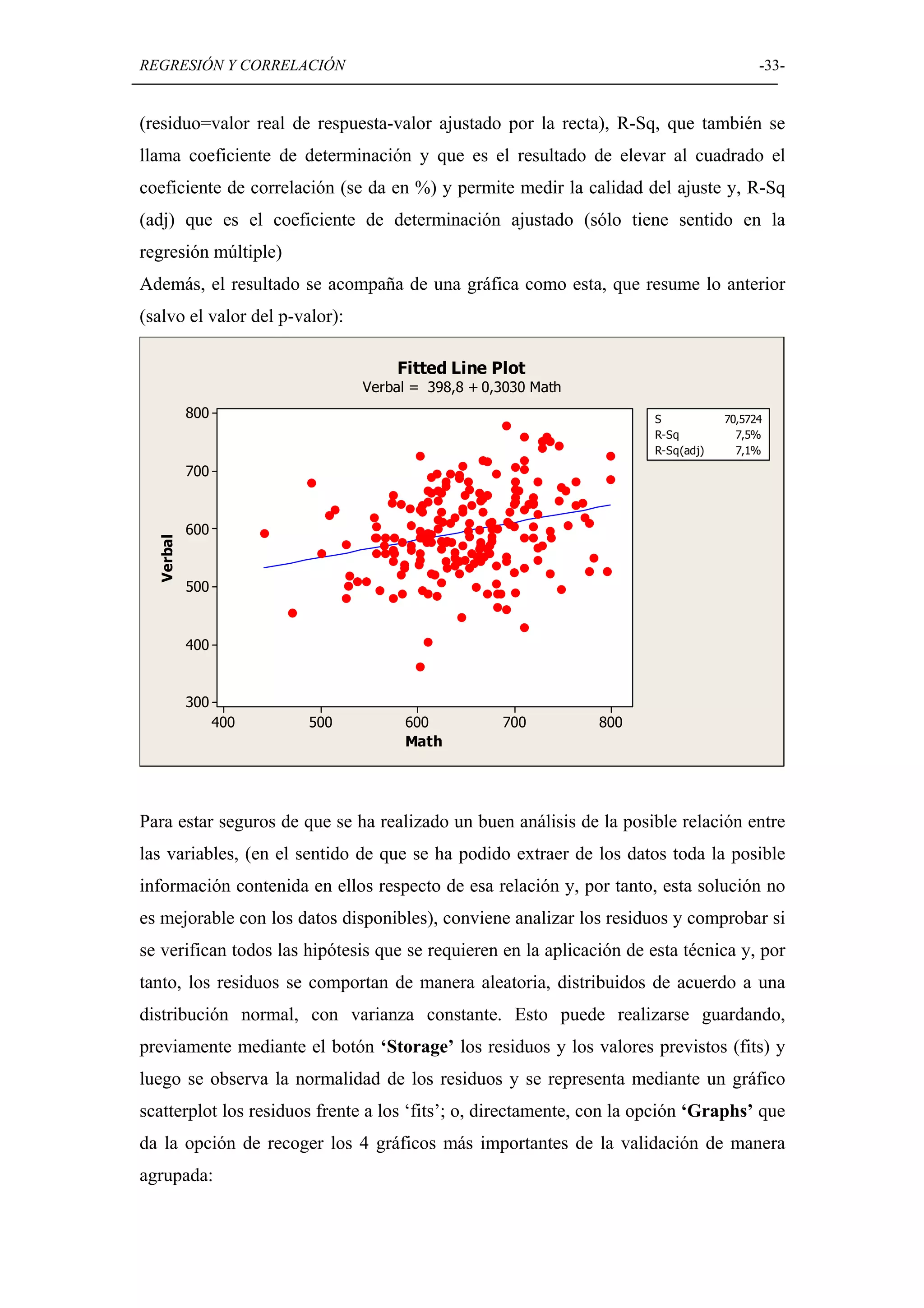 REGRESIÓN Y CORRELACIÓN                                                                  -33-


(residuo=valor real de respuesta-valor ajustado por la recta), R-Sq, que también se
llama coeficiente de determinación y que es el resultado de elevar al cuadrado el
coeficiente de correlación (se da en %) y permite medir la calidad del ajuste y, R-Sq
(adj) que es el coeficiente de determinación ajustado (sólo tiene sentido en la
regresión múltiple)
Además, el resultado se acompaña de una gráfica como esta, que resume lo anterior
(salvo el valor del p-valor):

                                    Fitted Line Plot
                                Verbal = 398,8 + 0,3030 Math
           800                                                         S           70,5724
                                                                       R-Sq          7,5%
                                                                       R-Sq(adj)     7,1%
           700



           600
  Verbal




           500


           400


           300
                 400    500          600           700         800
                                     Math




Para estar seguros de que se ha realizado un buen análisis de la posible relación entre
las variables, (en el sentido de que se ha podido extraer de los datos toda la posible
información contenida en ellos respecto de esa relación y, por tanto, esta solución no
es mejorable con los datos disponibles), conviene analizar los residuos y comprobar si
se verifican todos las hipótesis que se requieren en la aplicación de esta técnica y, por
tanto, los residuos se comportan de manera aleatoria, distribuidos de acuerdo a una
distribución normal, con varianza constante. Esto puede realizarse guardando,
previamente mediante el botón ‘Storage’ los residuos y los valores previstos (fits) y
luego se observa la normalidad de los residuos y se representa mediante un gráfico
scatterplot los residuos frente a los ‘fits’; o, directamente, con la opción ‘Graphs’ que
da la opción de recoger los 4 gráficos más importantes de la validación de manera
agrupada:
 