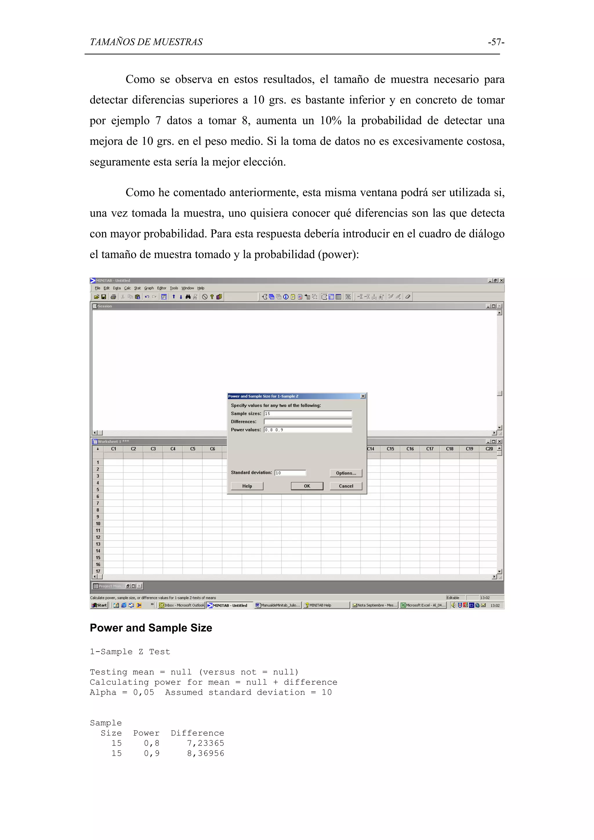 TAMAÑOS DE MUESTRAS                                                               -57-


         Como se observa en estos resultados, el tamaño de muestra necesario para
detectar diferencias superiores a 10 grs. es bastante inferior y en concreto de tomar
por ejemplo 7 datos a tomar 8, aumenta un 10% la probabilidad de detectar una
mejora de 10 grs. en el peso medio. Si la toma de datos no es excesivamente costosa,
seguramente esta sería la mejor elección.

         Como he comentado anteriormente, esta misma ventana podrá ser utilizada si,
una vez tomada la muestra, uno quisiera conocer qué diferencias son las que detecta
con mayor probabilidad. Para esta respuesta debería introducir en el cuadro de diálogo
el tamaño de muestra tomado y la probabilidad (power):




Power and Sample Size

1-Sample Z Test

Testing mean = null (versus not = null)
Calculating power for mean = null + difference
Alpha = 0,05 Assumed standard deviation = 10


Sample
  Size    Power   Difference
    15      0,8      7,23365
    15      0,9      8,36956
 