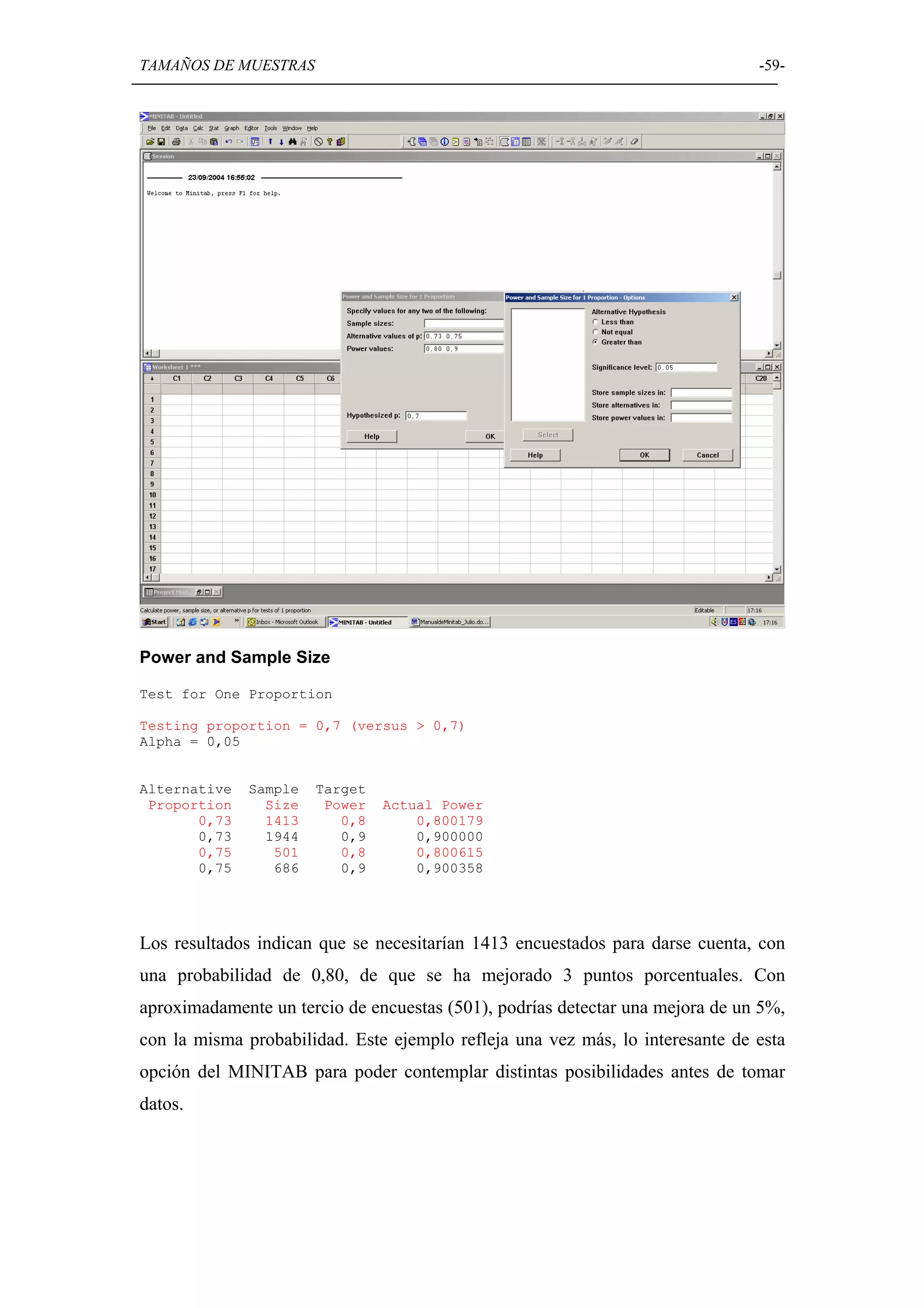 TAMAÑOS DE MUESTRAS                                                            -59-




Power and Sample Size

Test for One Proportion

Testing proportion = 0,7 (versus > 0,7)
Alpha = 0,05


Alternative   Sample   Target
 Proportion     Size    Power   Actual Power
       0,73     1413      0,8       0,800179
       0,73     1944      0,9       0,900000
       0,75      501      0,8       0,800615
       0,75      686      0,9       0,900358




Los resultados indican que se necesitarían 1413 encuestados para darse cuenta, con
una probabilidad de 0,80, de que se ha mejorado 3 puntos porcentuales. Con
aproximadamente un tercio de encuestas (501), podrías detectar una mejora de un 5%,
con la misma probabilidad. Este ejemplo refleja una vez más, lo interesante de esta
opción del MINITAB para poder contemplar distintas posibilidades antes de tomar
datos.
 