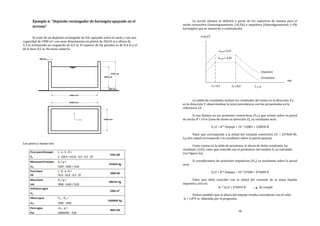 77
Ejemplo 6. “Depósito rectangular de hormigón apoyado en el
terreno”
Se trata de un depósito rectangular de HA, apoyado sobre el suelo y con una
capacidad de 1000 m3, con unas dimensiones en planta de 20x10 m y altura de
5,3 m incluyendo un resguardo de 0,3 m. El espesor de las paredes es de 0,4 m y el
de la base 0,5 m. No tiene cubierta.
Los pesos y masas son:
78
La acción sísmica se definirá a partir de los espectros de meseta para el
modo convectivo (Amortiguamiento ξ=0,5%) e impulsivo (Amortiguamiento ξ=5%
hormigón) que se muestran a continuación:
La salida de resultados incluye los resultados del sismo en la dirección X y
en la dirección Y, observándose la total coincidencia con los presentados en la
referencia 10.
Si nos fijamos en las presiones convectivas (Pcw) que actúan sobre la pared
de ancho B = 10 m (caso de sismo en dirección X), su resultante será:
Pc/2 = B * Empuje = 10 * 12883 = 128830 N
Valor que corresponde a la mitad del cortante convectivo (Vc = 257660 N).
La otra mitad corresponde a la resultante sobre la pared opuesta.
Como vemos en la tabla de presiones, la altura de dicha resultante, ha
resultado 2,622, valor que coincide con el parámetro del modelo hc ya calculado
(ver figura 2a).
Si consideramos las presiones impulsicas (Piw) su resultante sobre la pared
será:
Pi/2 = B * Empuje = 10 * 47684 = 476840 N
Valor que debe coincidir con la mitad del cortante de la masa líquida
impulsiva, esto es:
mi * Ai/2 = 476835 N Se cumple
Vemos también que la altura del empuje resulta coincidente con el valor
hi = 1,875 m obtenido por el programa.
 