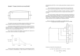 93
Ejemplo 7. “Tanque circular de acero muy flexible”
Se considera este tanque muy flexible analizado por Malhotra (Ref. 9) y con
cuyos resultados coinciden totalmente con los hallados con el programa..
Se trata de un tanque de diámetro interior de 20 m, una altura de 9,6 m y
una cubierta esférica muy rebajada, que aquí consideraremos plana, la masa de la
cubierta o techo es mt = 25000 kg que equivale a un peso de Wt = 245250 N. La
altura de su c.d.g. es prácticamente igual a H = 9,6 m.
Para el lugar de ubicación del depósito, corresponden dos espectros de
aceleraciones como los mostrados en la siguiente figura:
El espectro del modo impulsivo se obtiene para un amortiguamiento del 2%
(acero). El espectro correspondiente al modo convectivo se obtiene para un
94
amortiguamiento del 0,5%, el cual se adopta generalmente cualquiera que sea el
líquido.
Otra característica de este tanque, es que el espesor de sus paredes varía
con la altura. La pared está compuesta de 4 “anillos” de 2,4 m de altura cada uno.
En el caso de depósitos de paredes de espesor constante, el programa
calcula el peso la masa de la pared, así como su c.d.g que estará a media altura
hw = H/2.
En el caso de espesor variable, como el que nos ocupa, hay que introducir al
programa, el espesor uniforme equivalente, t, de la pared del tanque. Para ello hay
que ponderar convenientemente las masas de cada zona de la pared. El “peso” o
“brazo” con que se pondera, será igual a la distancia a la superficie del líquido. En
la figura que sigue se ilustra el significado de la siguiente expresión:
La masa mw y el peso Ww de las paredes será:
mw = (0,01 * 4,8 + 0,008 * 4,8) * 2 * π * 10 * 78,53 = 426313 N
Ww = mw/g = 43457 kg ≈ 43000 kg
 