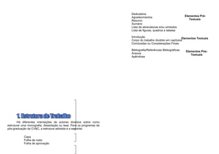 Dedicatória
                                                                       Agradecimentos                            Elementos Pré-
                                                                       Resumo                                       Textuais
                                                                       Sumário
                                                                       Lista de abreviaturas e/ou símbolos
                                                                       Lista de figuras, quadros e tabelas

                                                                       Introdução                             Elementos Textuais
                                                                       Corpo do trabalho dividido em capítulos
                                                                       Conclusões ou Considerações Finais

                                                                       Bibliografia/Referências Bibliográficas   Elementos Pós-
                                                                       Anexos                                       Textuais
                                                                       Apêndices




       Há diferentes orientações de autores diversos sobre como
estruturar uma monografia, dissertação ou tese. Para os programas de
pós-graduação da CV&C, a estrutura adotada é a seguinte:

            Capa
            Folha de rosto
            Folha de aprovação
 
